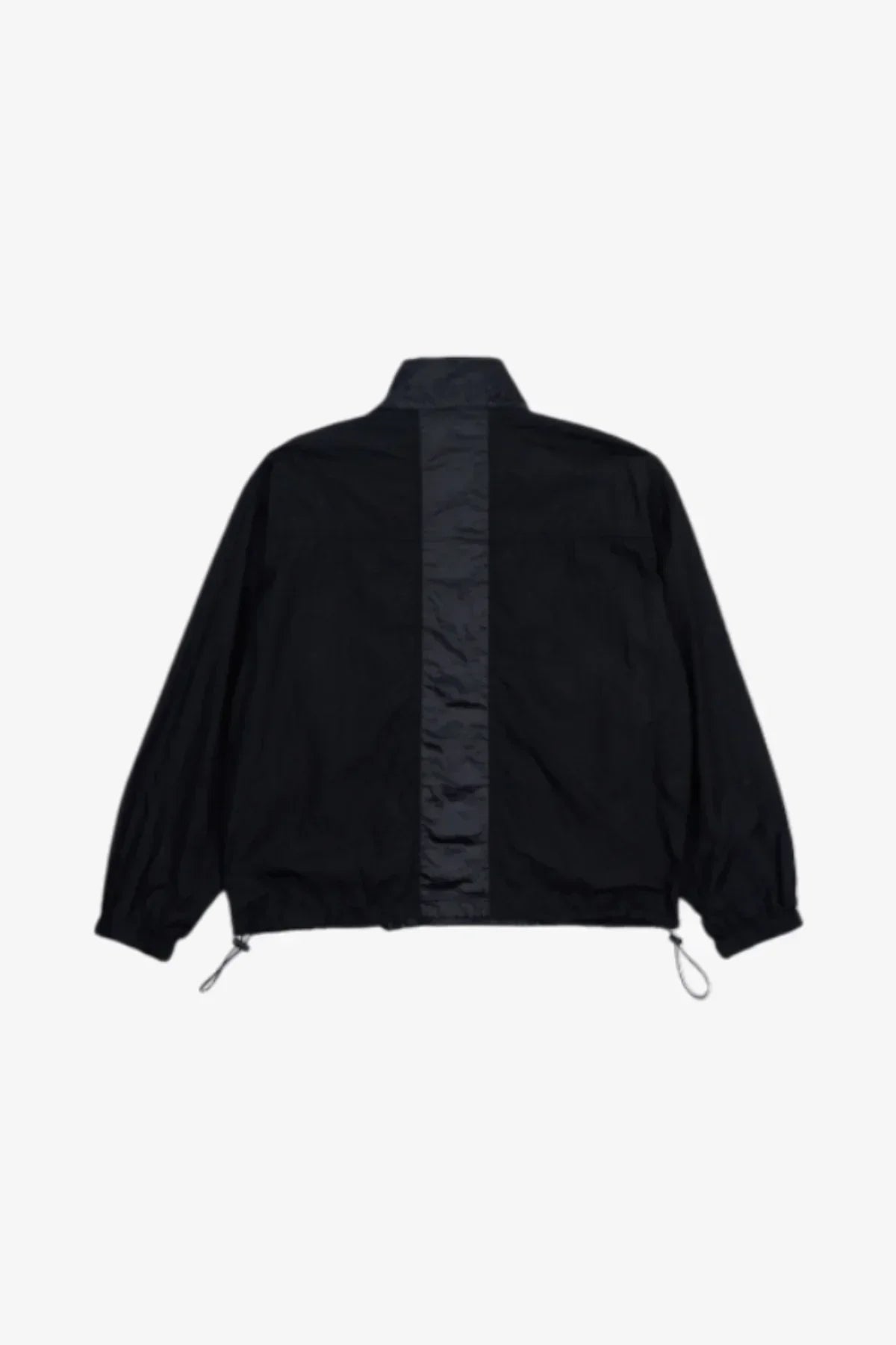 Black windbreaker jacket with double zipper and shiny vertical stripe down center back