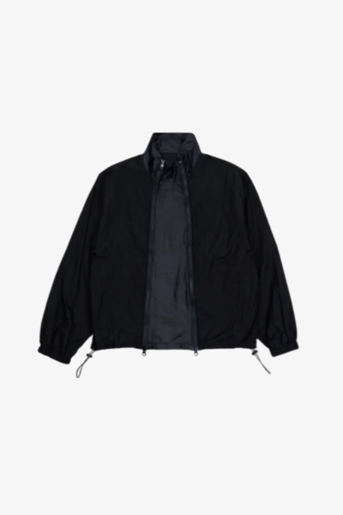 Black windbreaker jacket with double zipper, elastic cuffs, and drawstrings on hem, front view