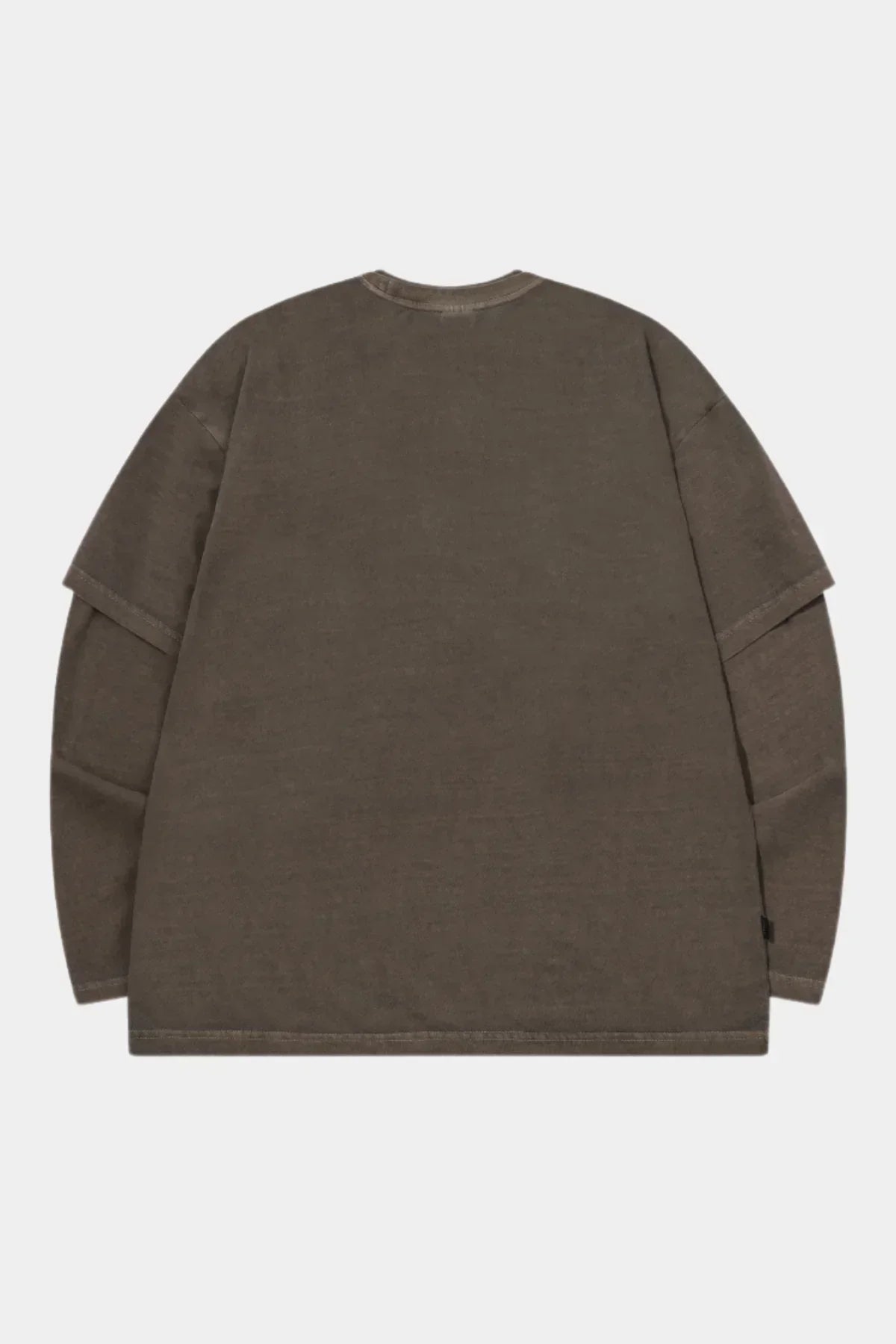 Back view of brown layered pigment long sleeve shirt on plain white background