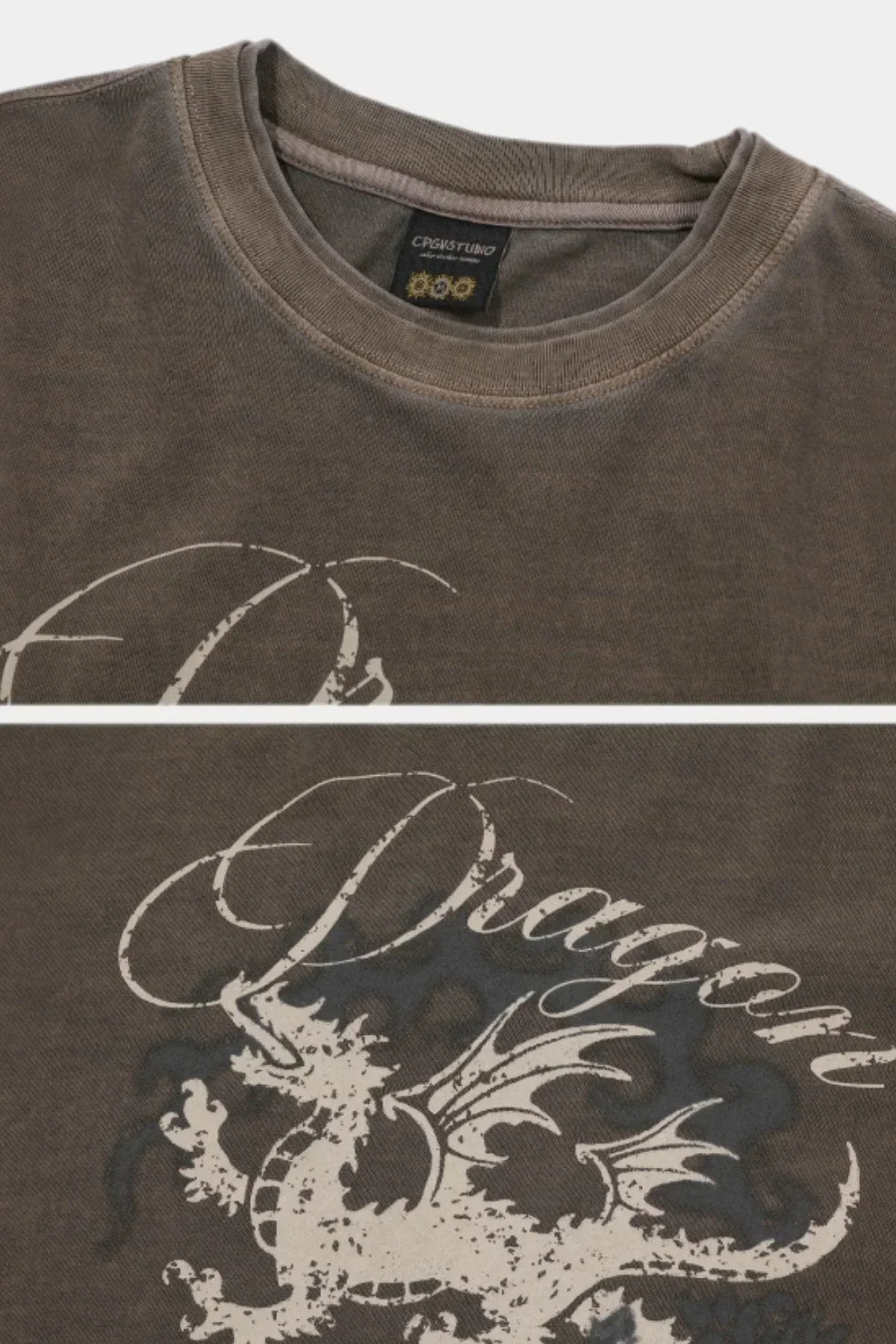 Brown long sleeve shirt with vintage dragon graphic and cursive 'Dragon' text detail