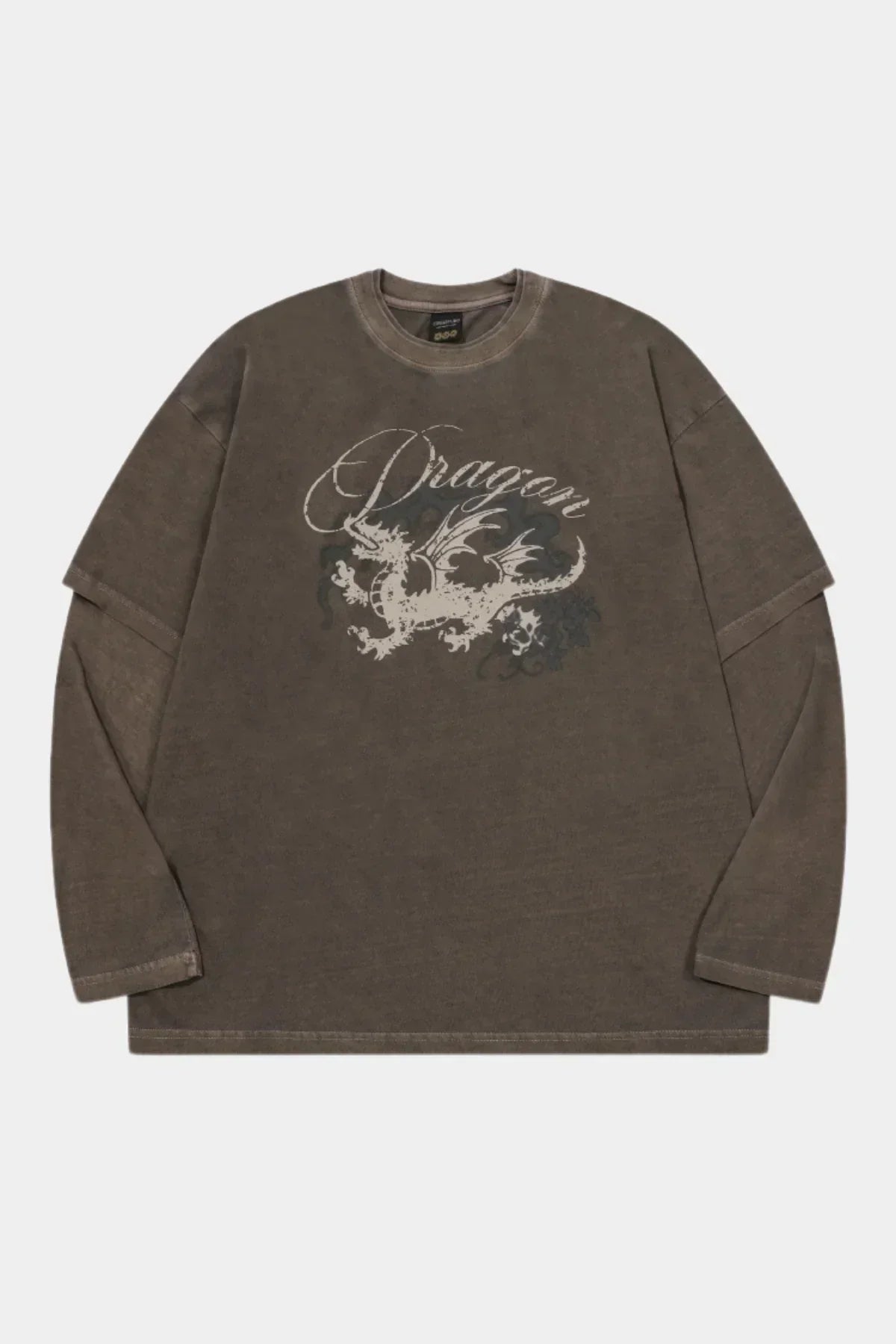 Brown long sleeve shirt with vintage white dragon graphic and text "Dragon" on front