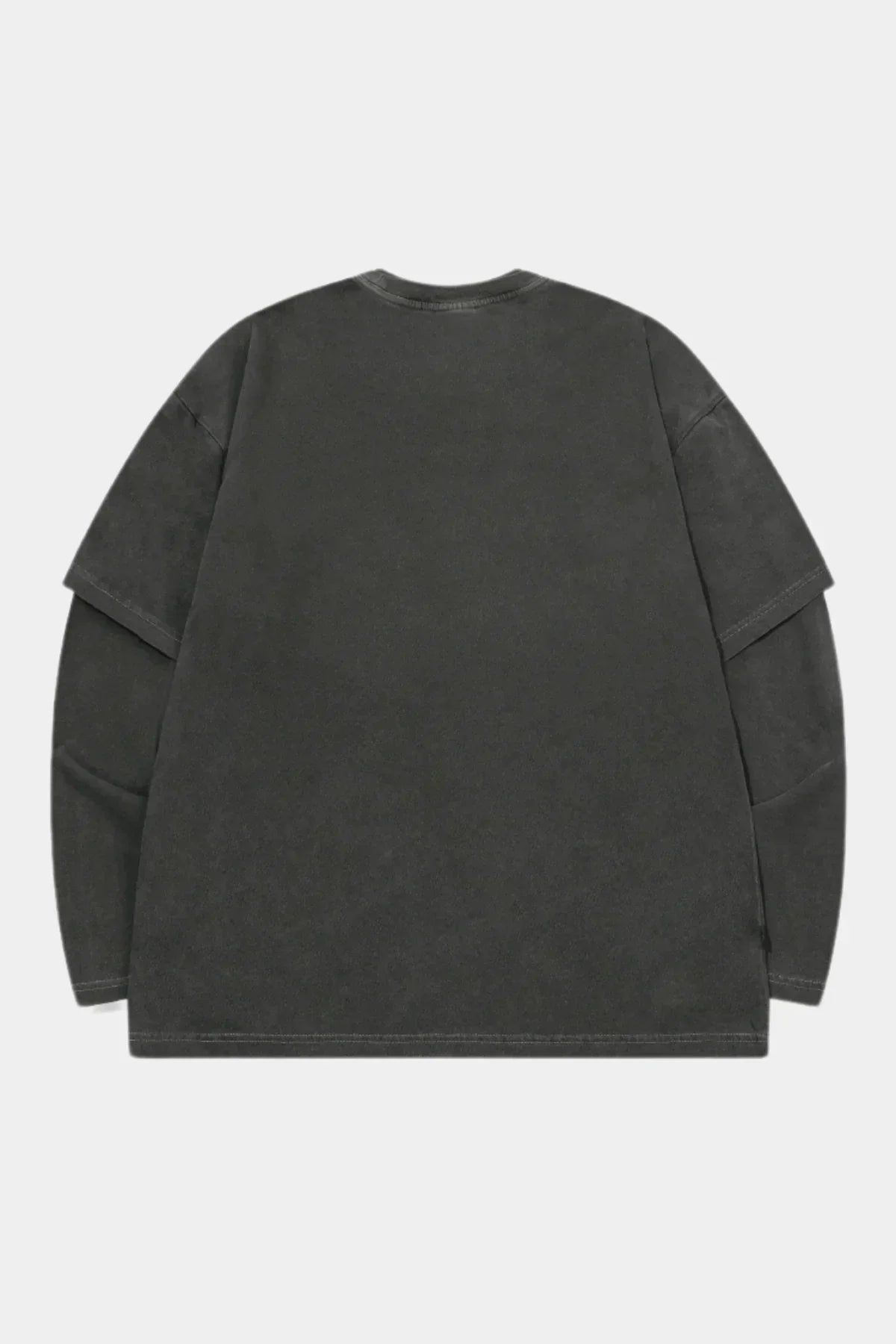 Back view of a smoke black layered long sleeve shirt with a round neckline