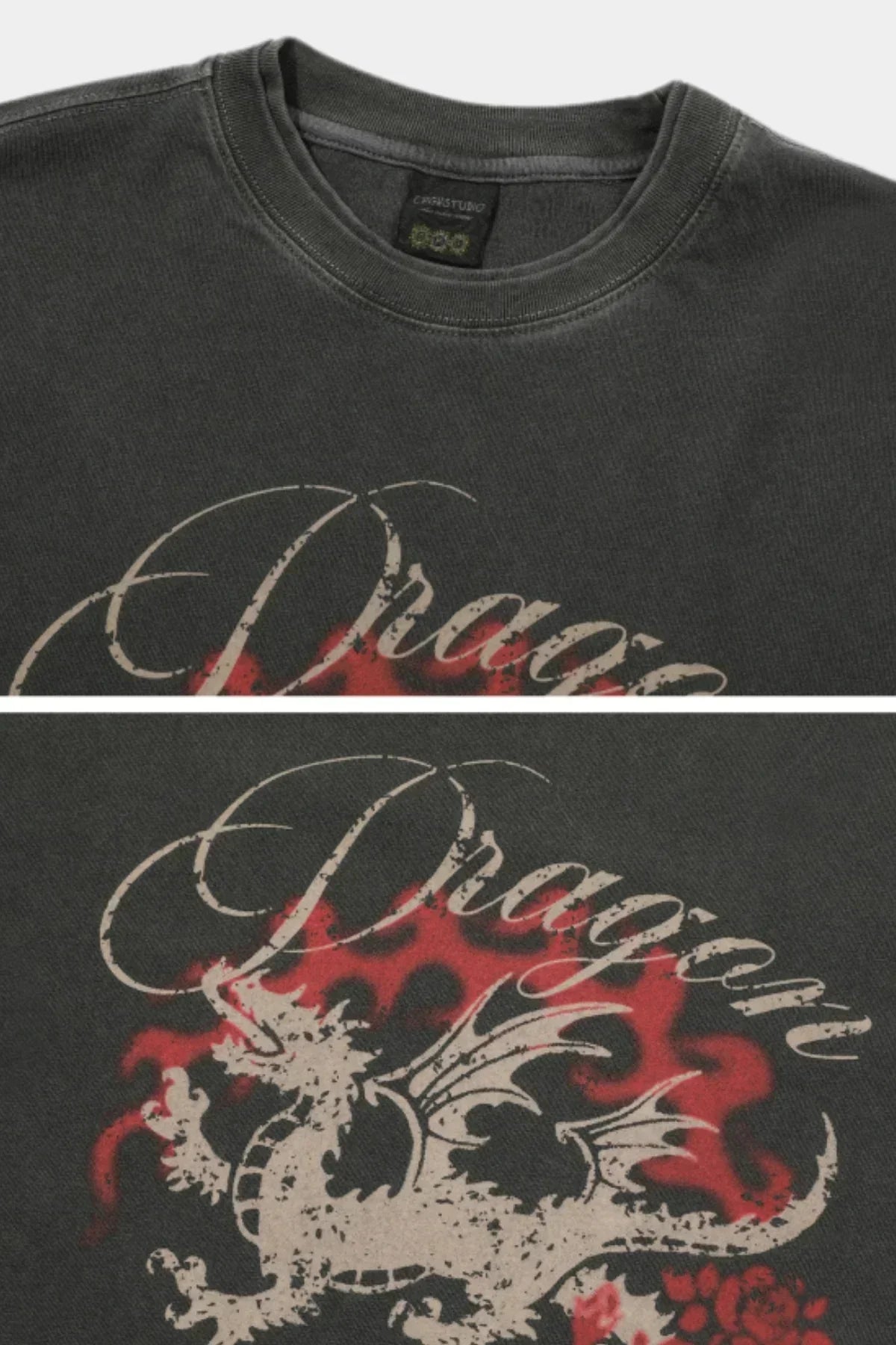 Smoke black long sleeve shirt with distressed dragon graphic and red flame design