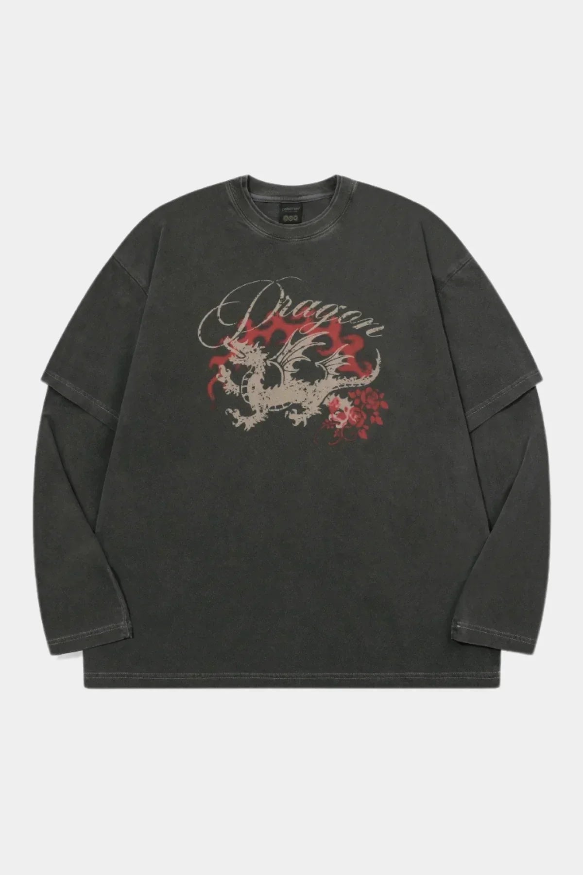 Smoke black long sleeve layered shirt with vintage dragon and red flame design