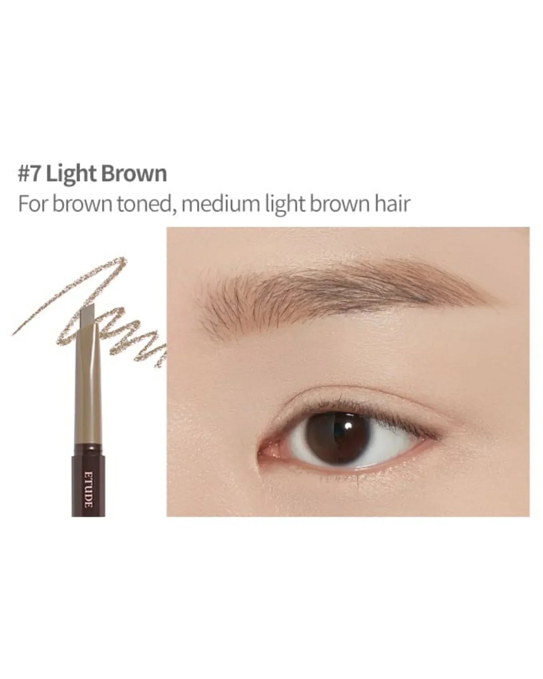 Etude light brown eyebrow pencil shade #7 for medium light brown hair with close-up of eye and eyebrow