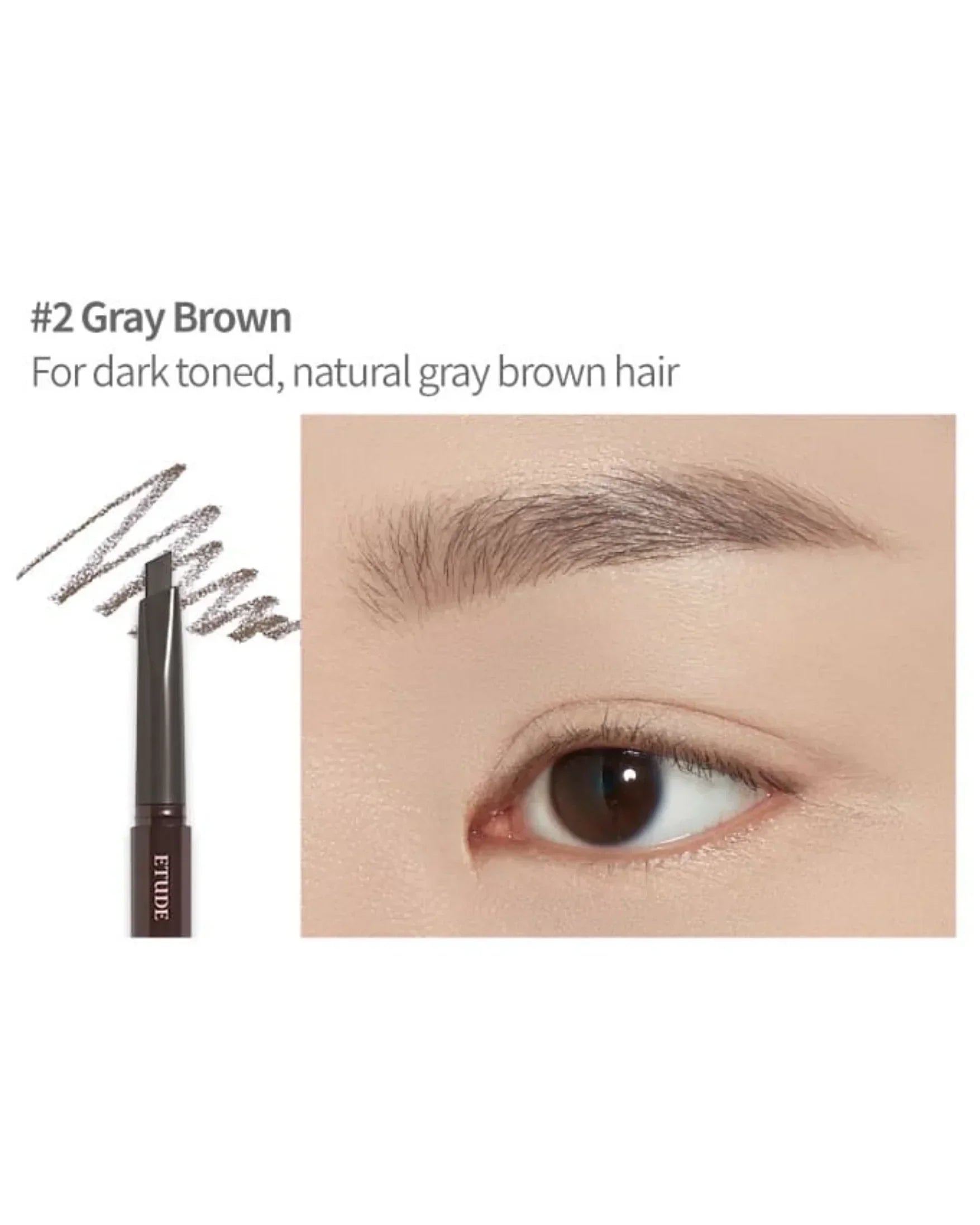 Eyebrow pencil in shade #2 Gray Brown with close-up of natural gray brown eyebrow and dark brown eye
