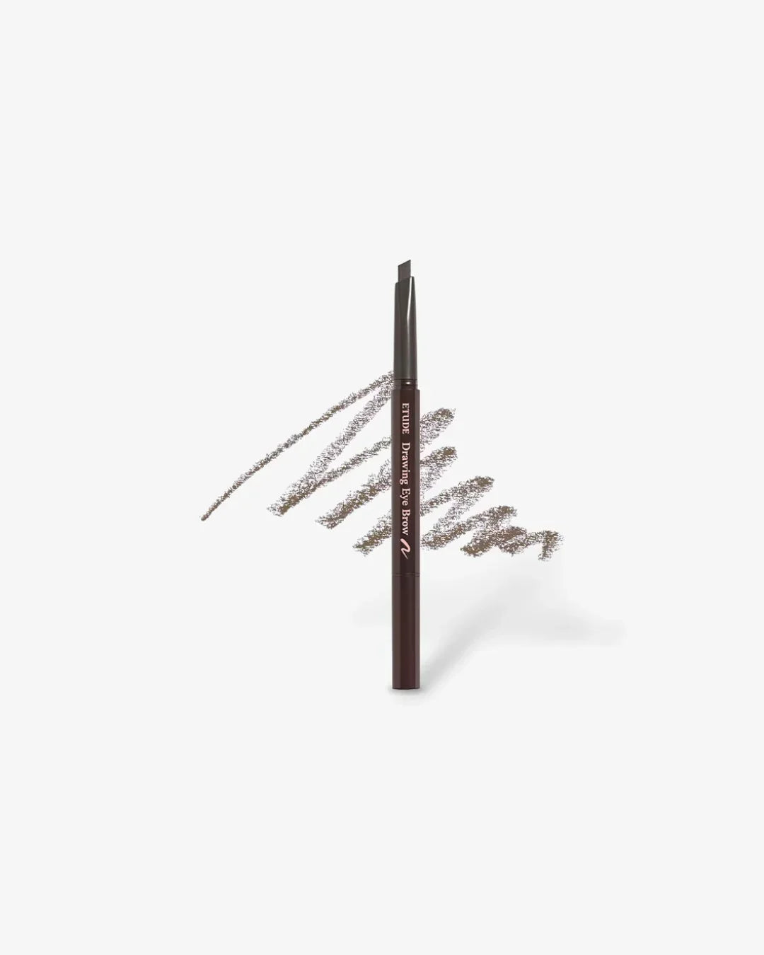 ETUDE Drawing Eye Brow pencil in gray brown with textured eyebrow strokes on white background