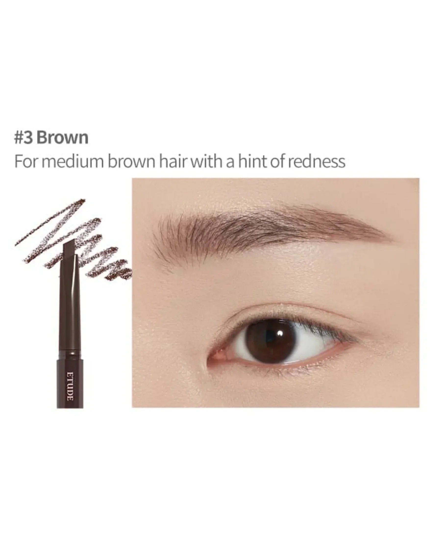 Eyebrow pencil in shade #3 Brown with swatch and close-up of medium brown eyebrow with a hint of redness