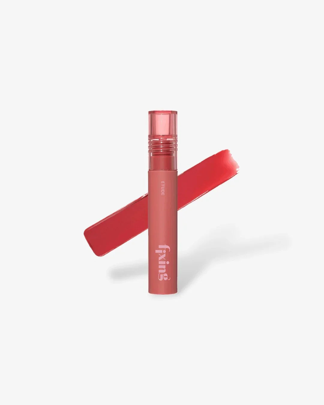 Pink Etude fixing lipstick tube with bold rose pink lip color swatch on white background