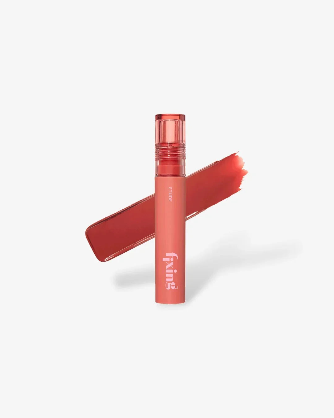 Etude fixing tint lip product in vintage red with color swatch on white background
