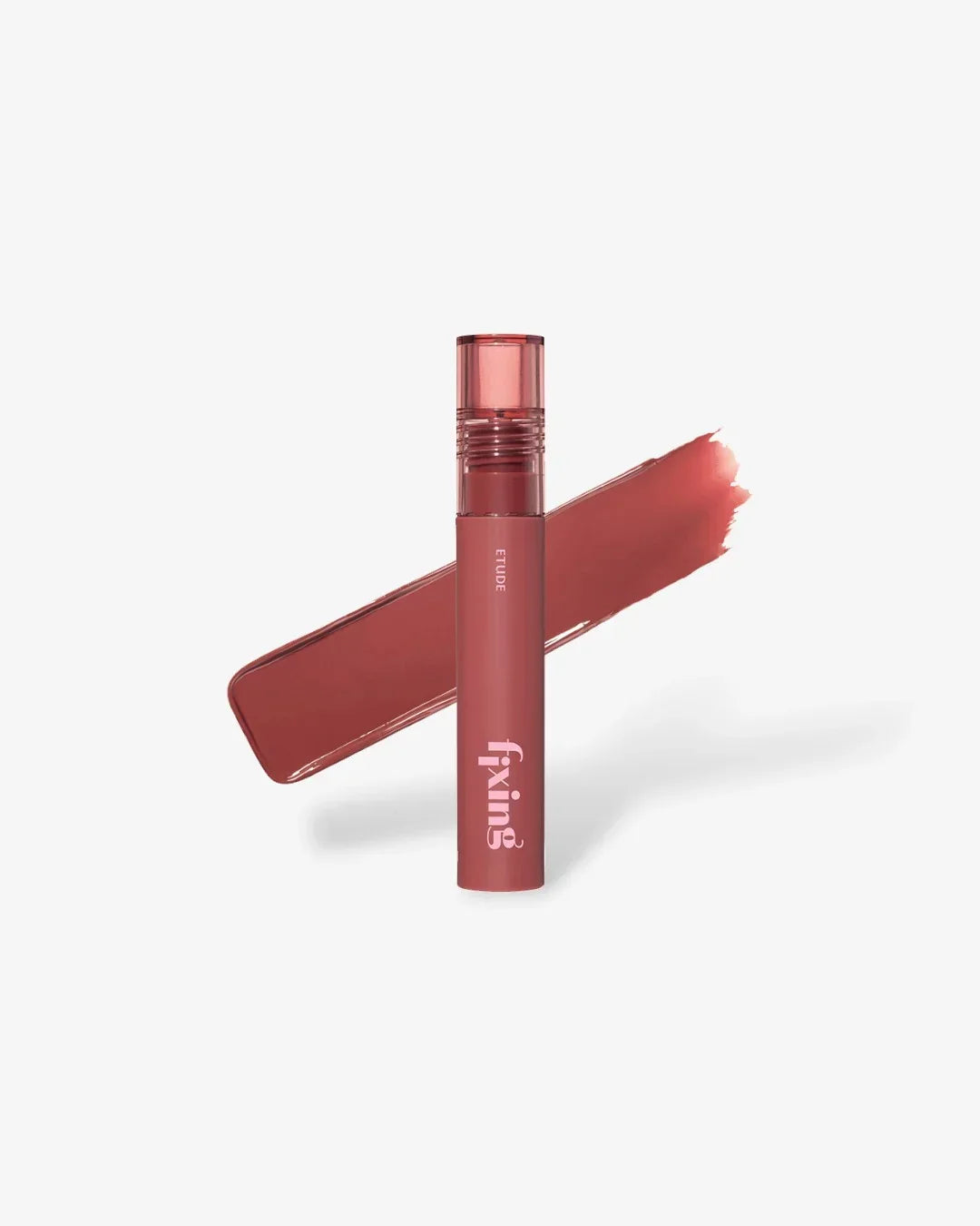 Soft walnut shade liquid lipstick by Etude with fixing label and color swatch