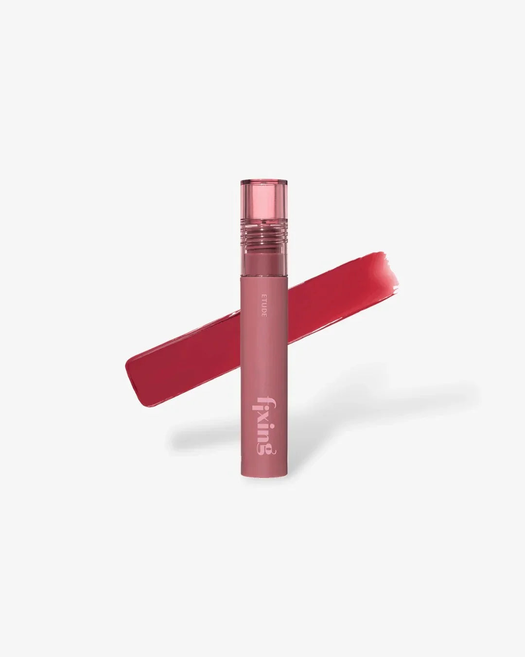 Pink Etude Fixing lip tint with red swatch on white background