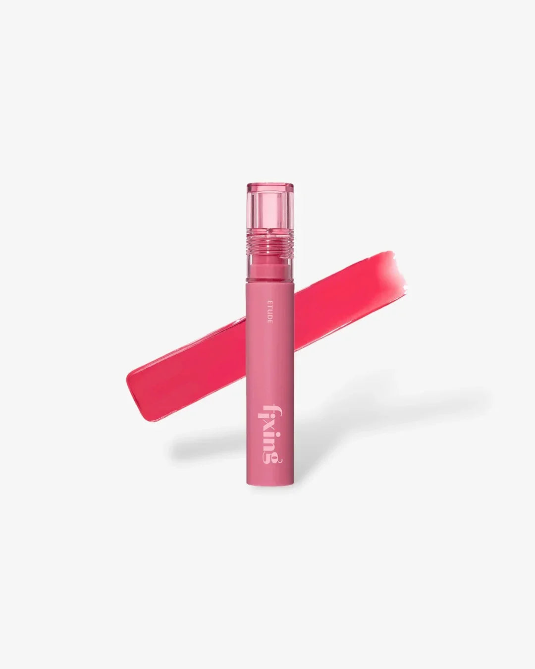 Pink Etude Fixing lip tint with smoky cherry color swatch on white background