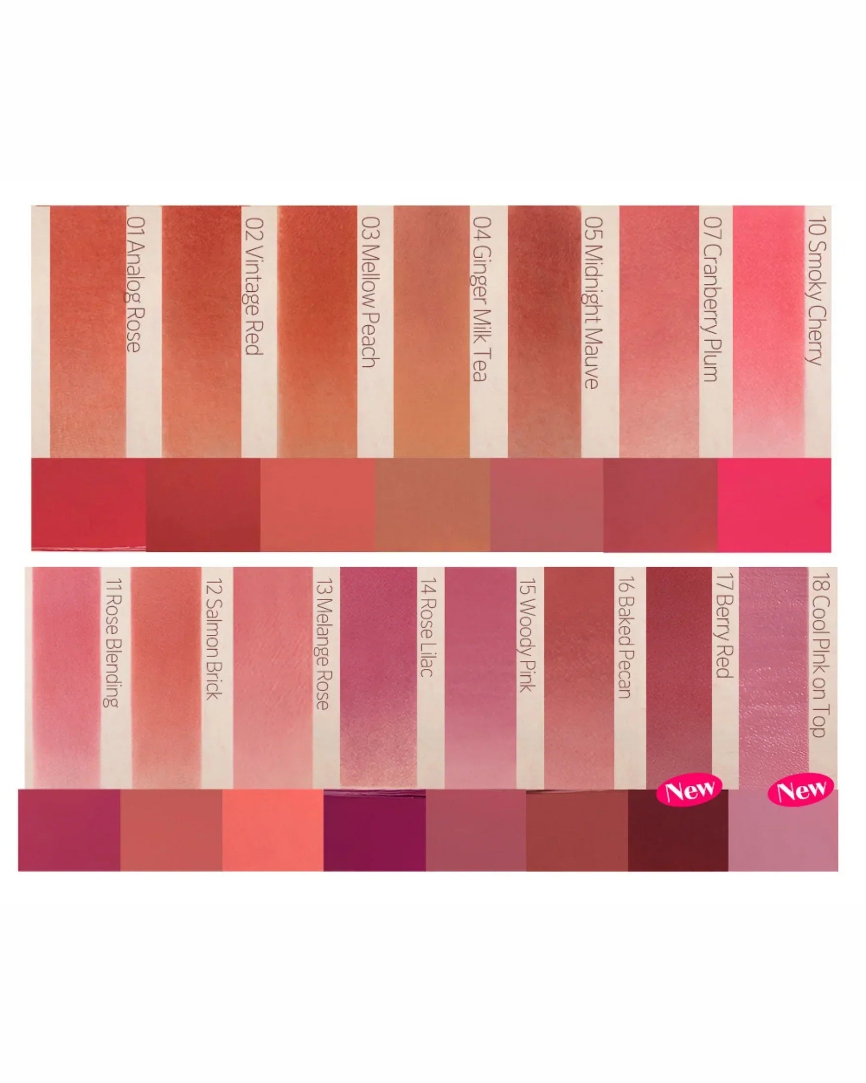 Lip tint shade chart displaying 18 colors including Vintage Red, Cranberry Plum, Berry Red, and Cool Pink on Top