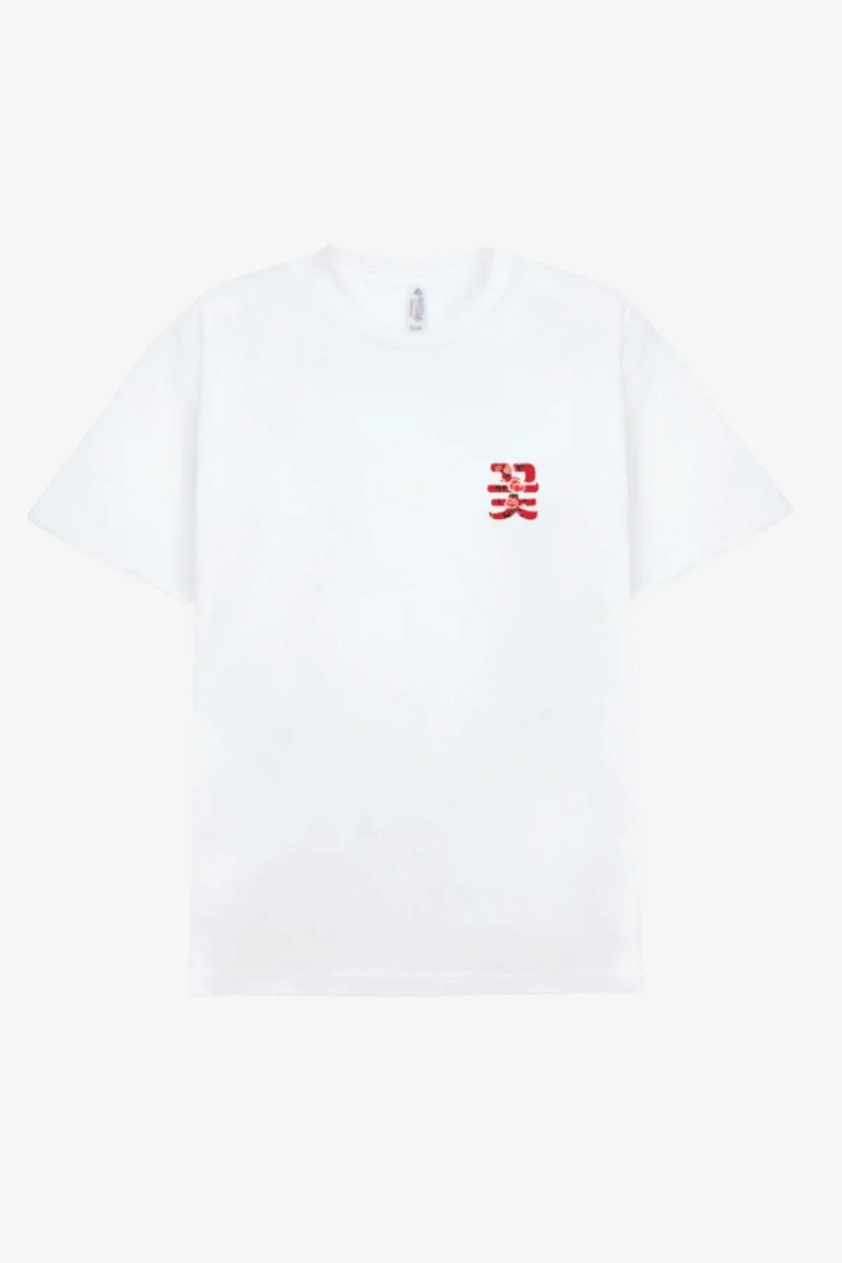 White short-sleeve T-shirt with small red floral design on left chest