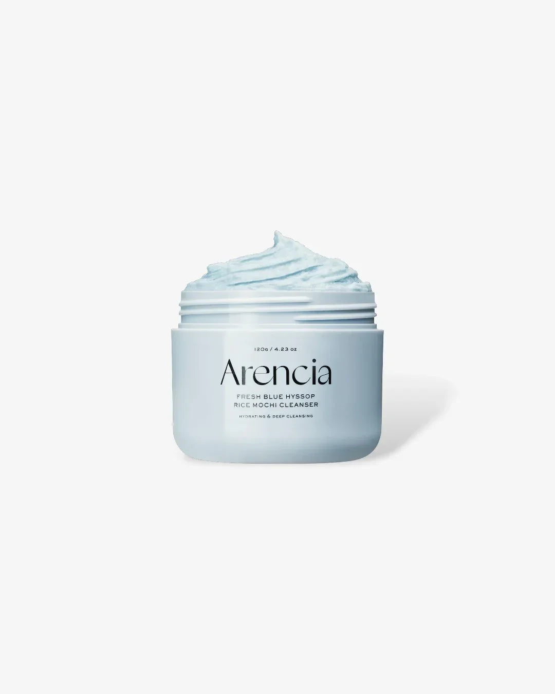 Arencia Fresh Blue Hyssop Rice Mochi Cleanser jar with light blue cream on white background