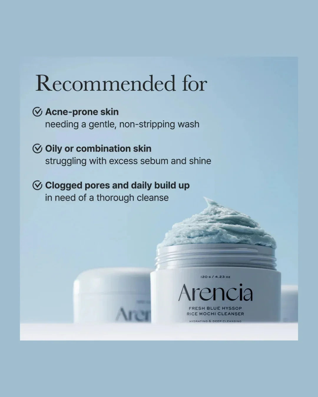 Arencia Fresh Blue Hyssop Rice Mochi Cleanser open jar with blue creamy texture, text recommending for acne-prone, oily, and clogged pores skin