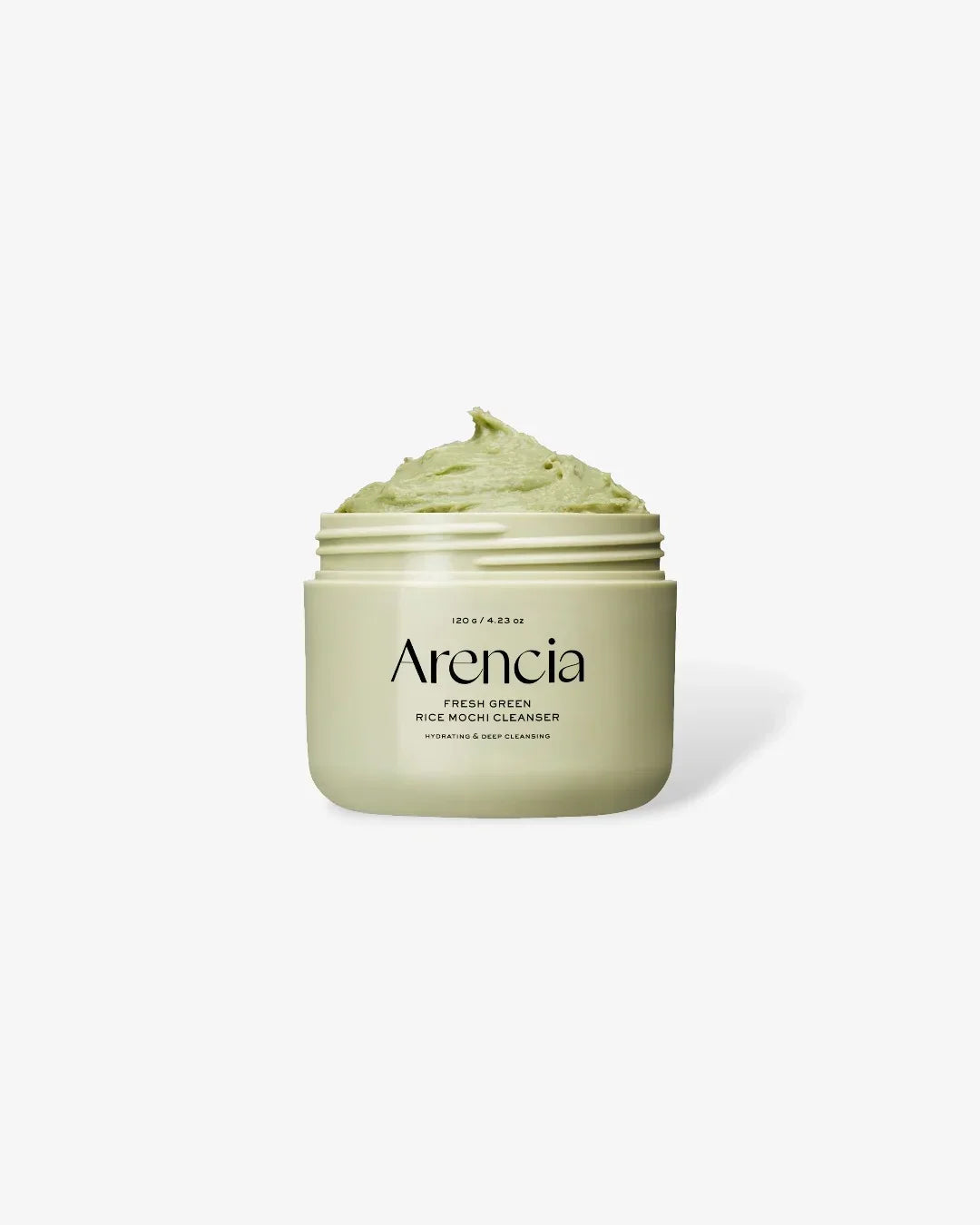 Open jar of Arencia Fresh Green Rice Mochi Cleanser with creamy green texture on white background