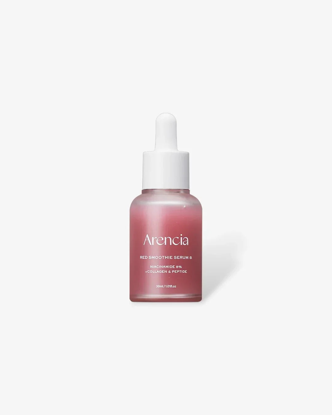 Arencia Red Smoothie Serum 8 bottle with white dropper on white background