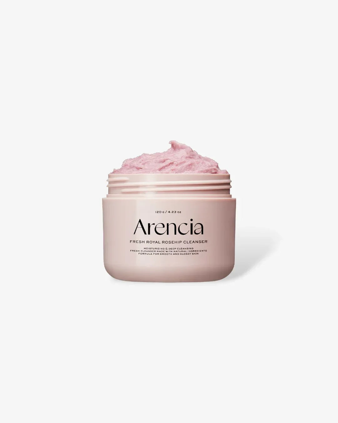 Arencia Fresh Royal Rosehip Cleanser in pink jar with pink creamy texture against white background