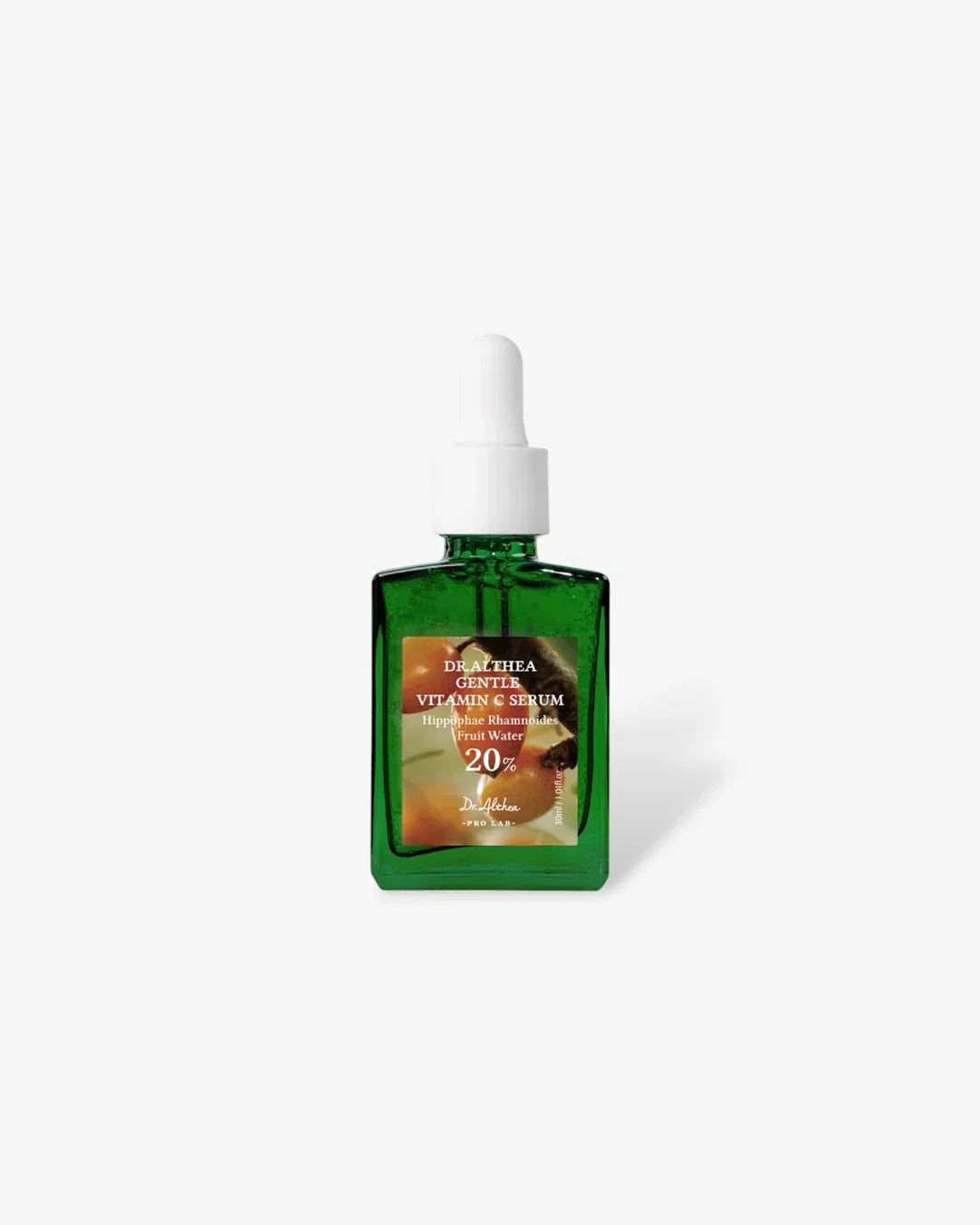 Dr. Althea Gentle Vitamin C Serum 20% in green glass dropper bottle on white background