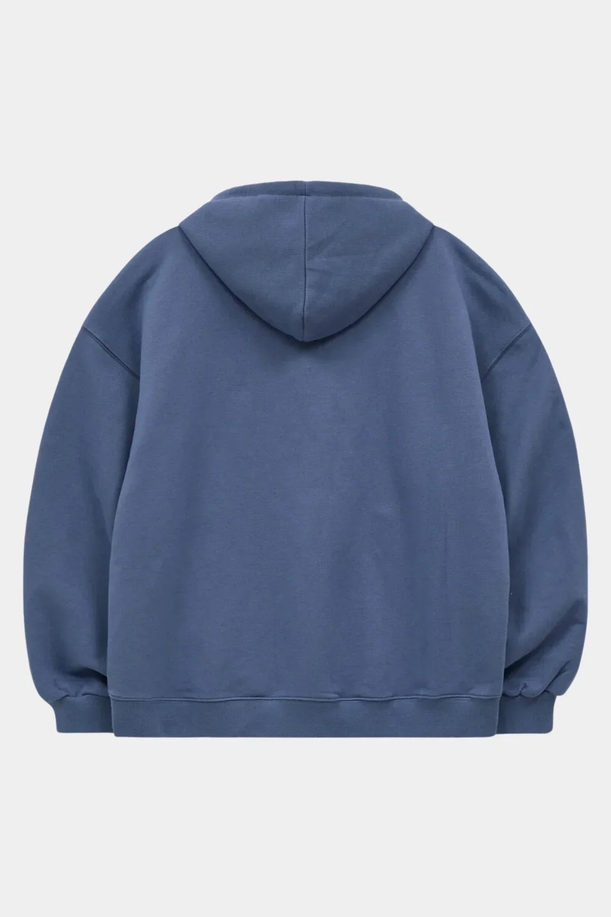 Dust blue oversized hoodie shown from back with relaxed fit and ribbed cuffs