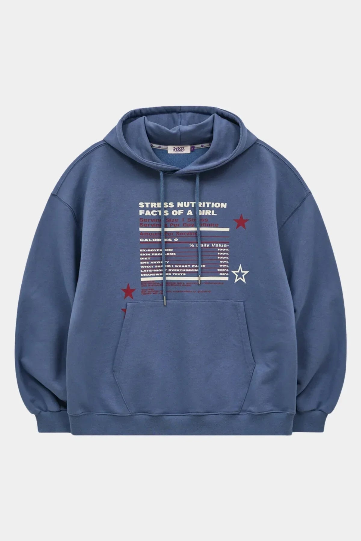 Dust blue hoodie with stress nutrition facts and red and white star designs on front