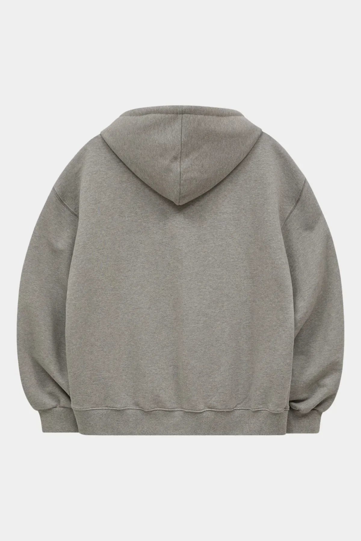 Back view of a plain grey hoodie with long sleeves and a hood against a white background