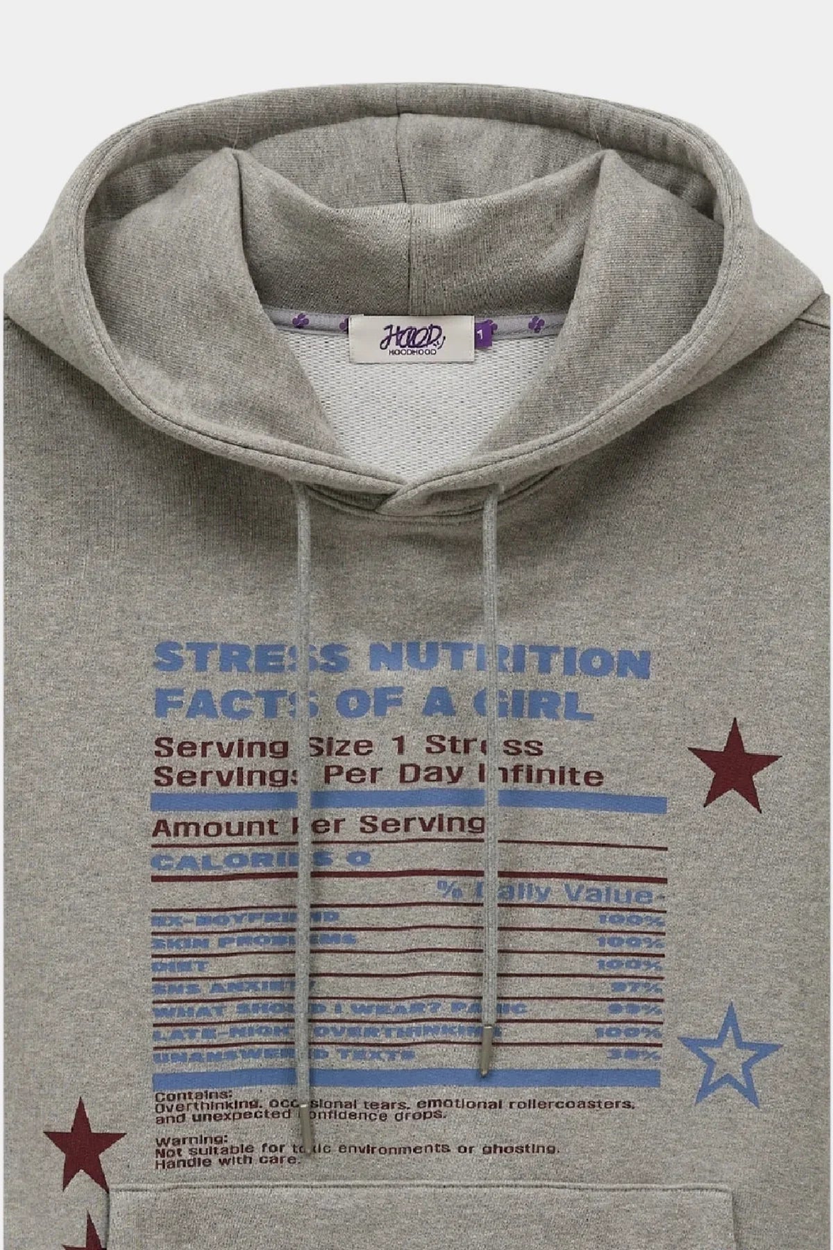 Grey hoodie with humorous stress nutrition facts of a girl graphic and red and blue stars