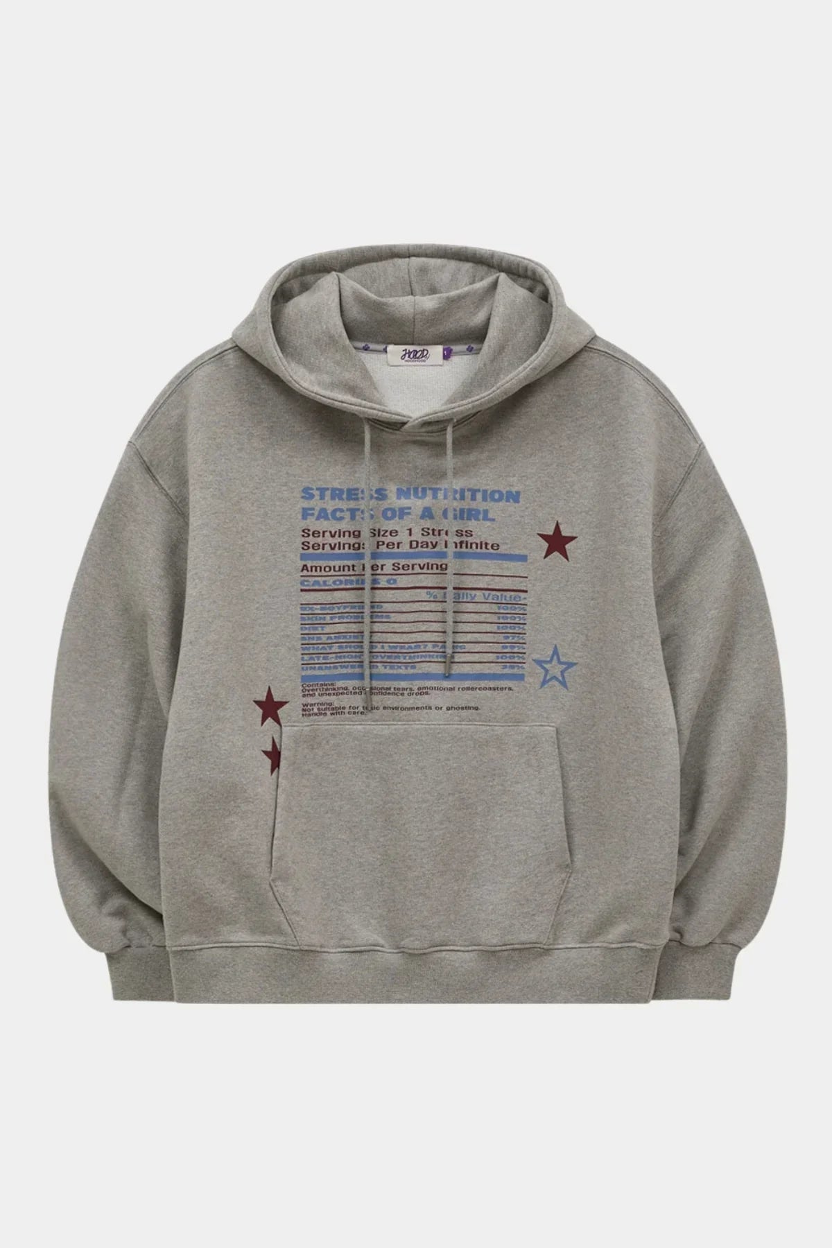 Grey hoodie with printed text and star graphics reading Stress Nutrition Facts of a Girl, cozy casual sweatshirt