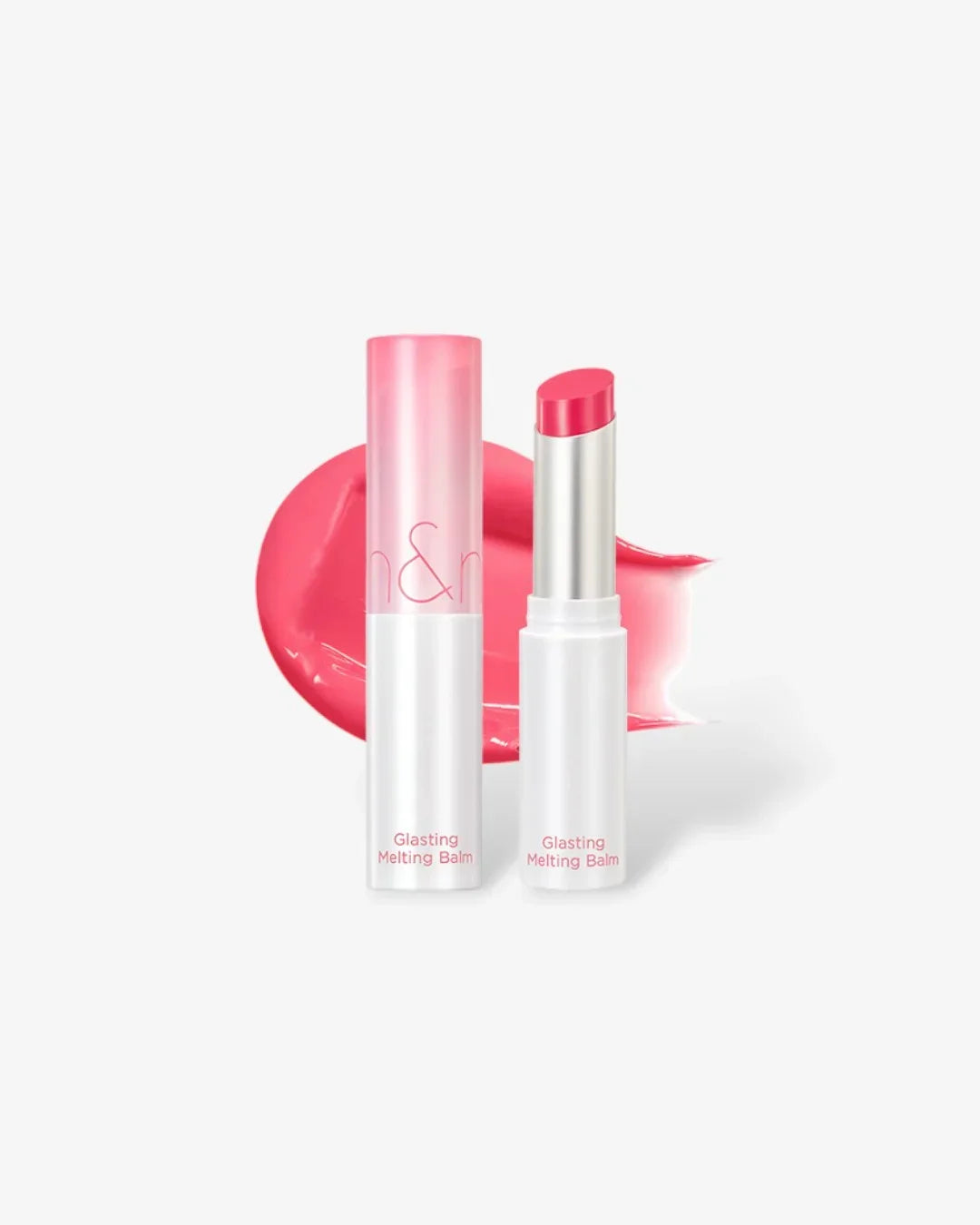 Pink Glasting Melting Balm lipstick with transparent pink cap and color swatch background