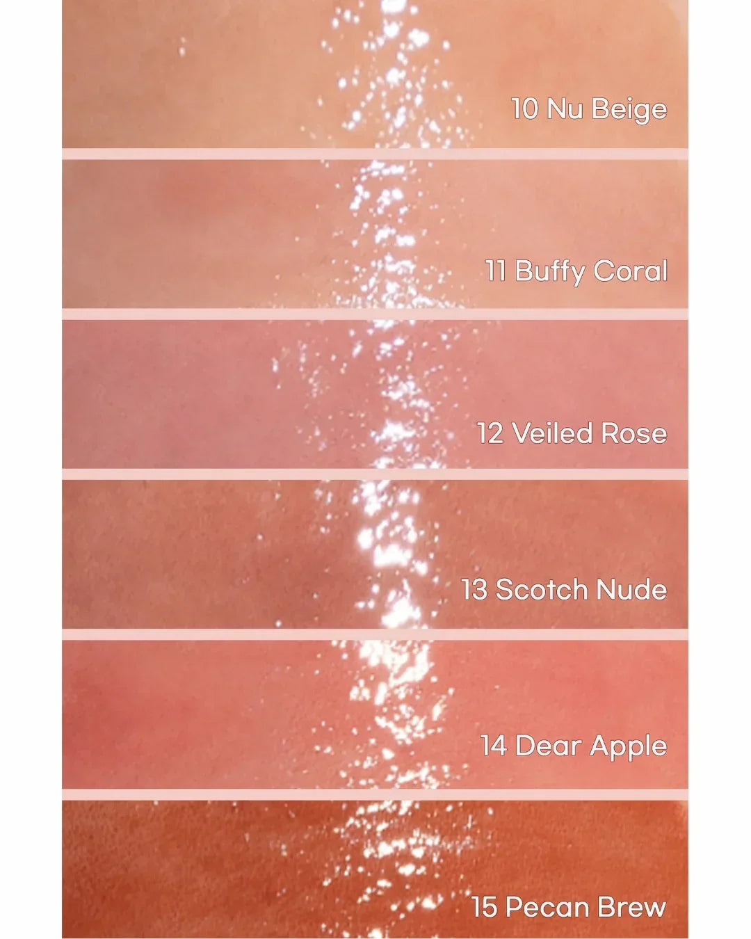 Shiny swatches of Glasting Melting Balm in shades Nu Beige, Buffy Coral, Veiled Rose, Scotch Nude, Dear Apple, Pecan Brew