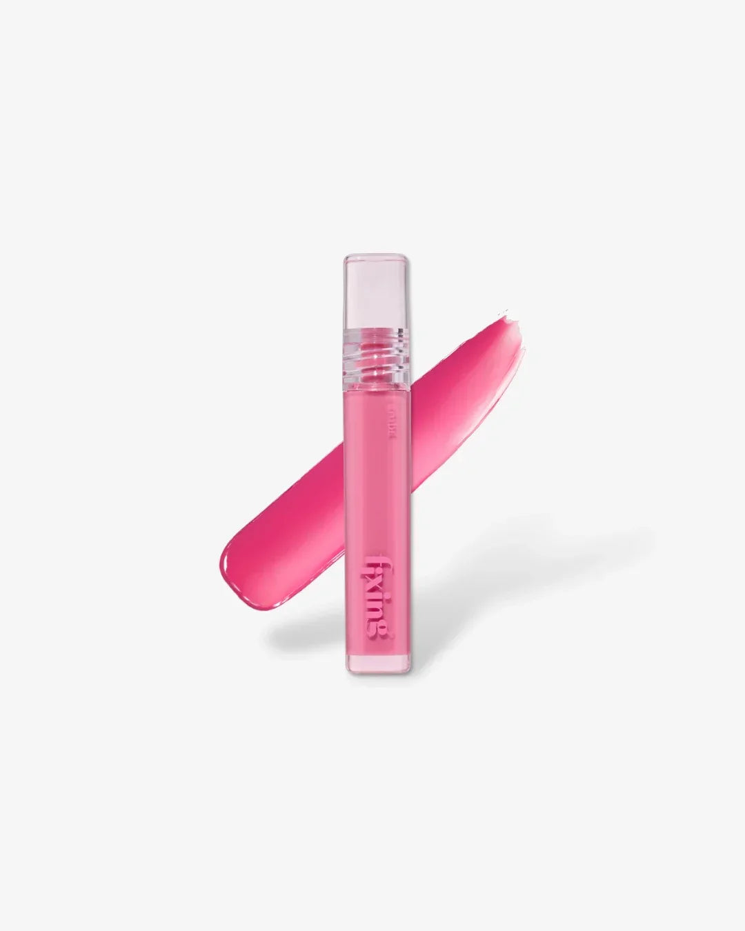 Pink fixing tint lip gloss with vibrant cold fuchsia color swatch on white background