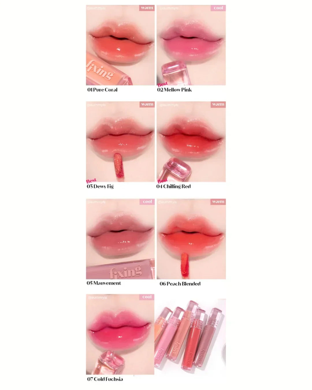 Close-up of lips wearing Fixing Tint lip gloss in seven shades: Pure Coral, Mellow Pink, Dewy Fig, Chilling Red, Mauvement, Peach Blended, Cold Fuchsia