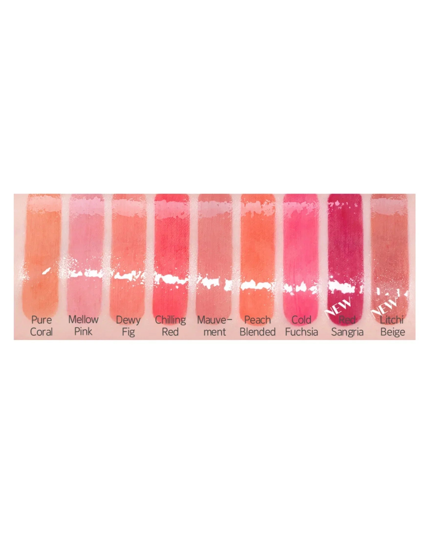 Lip tint shades swatches in coral, pink, red, mauve, peach, fuchsia, sangria, and beige tones on skin