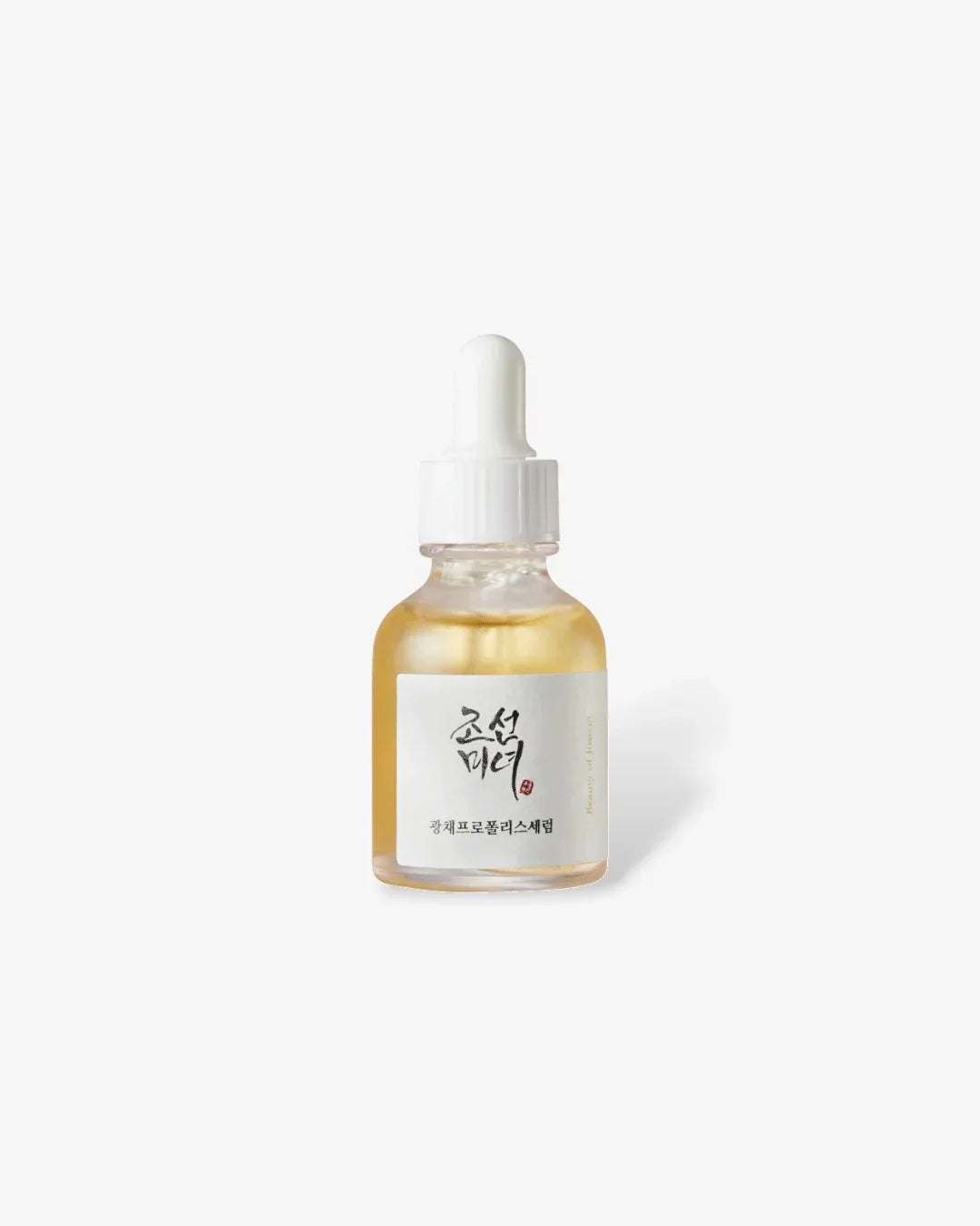 30ml glass dropper bottle of Korean propolis niacinamide glow serum on white background