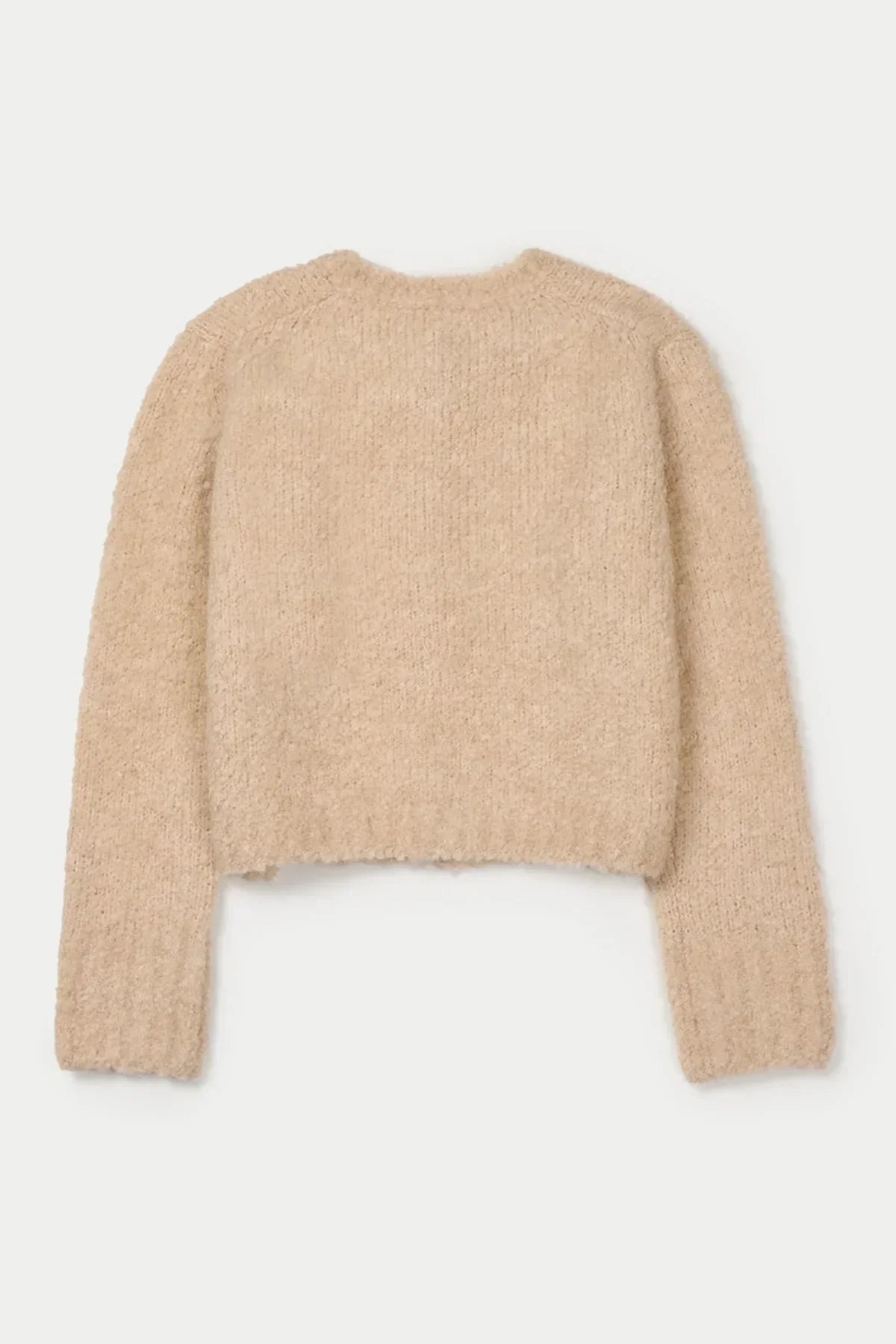 Back view of a beige fuzzy grandma cardigan with long sleeves on white background