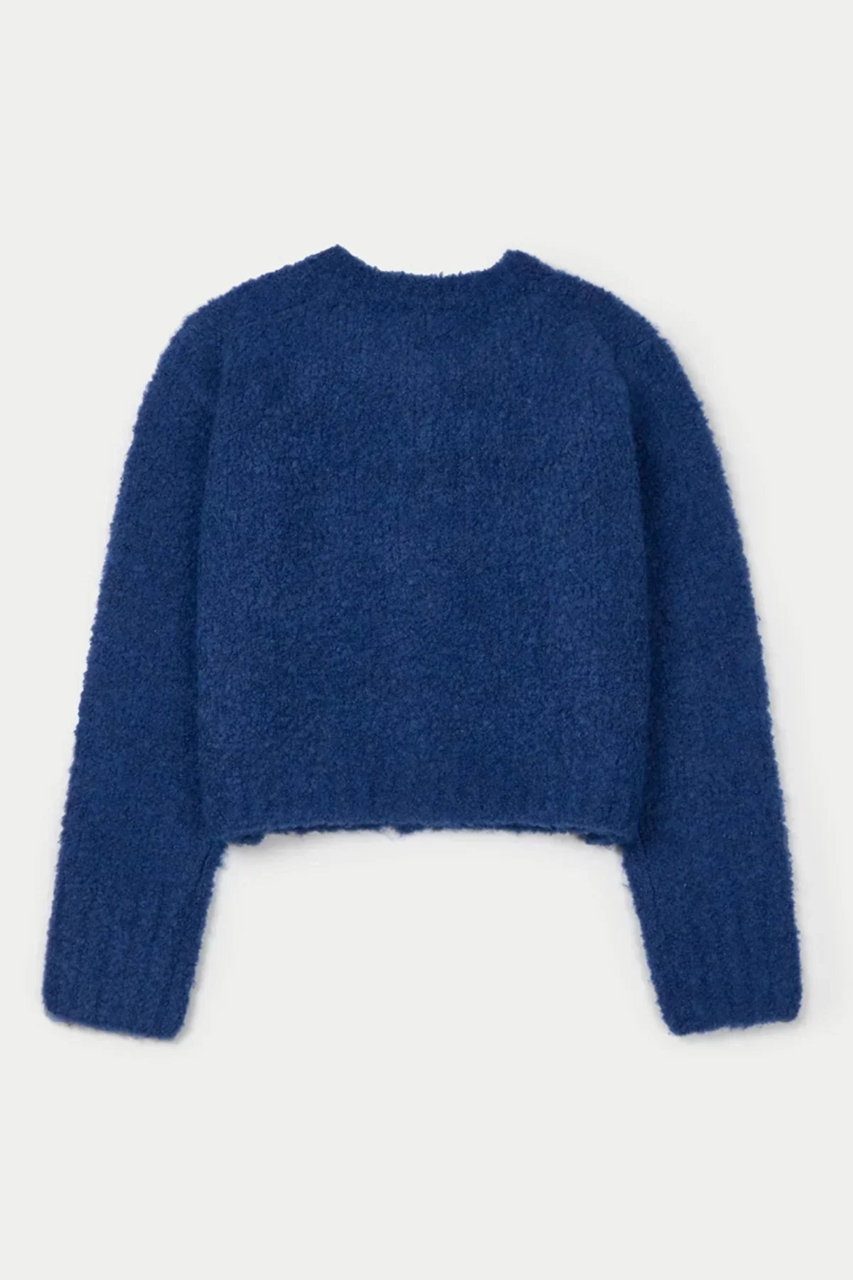 Dark blue fuzzy grandma cardigan shown from back on white background