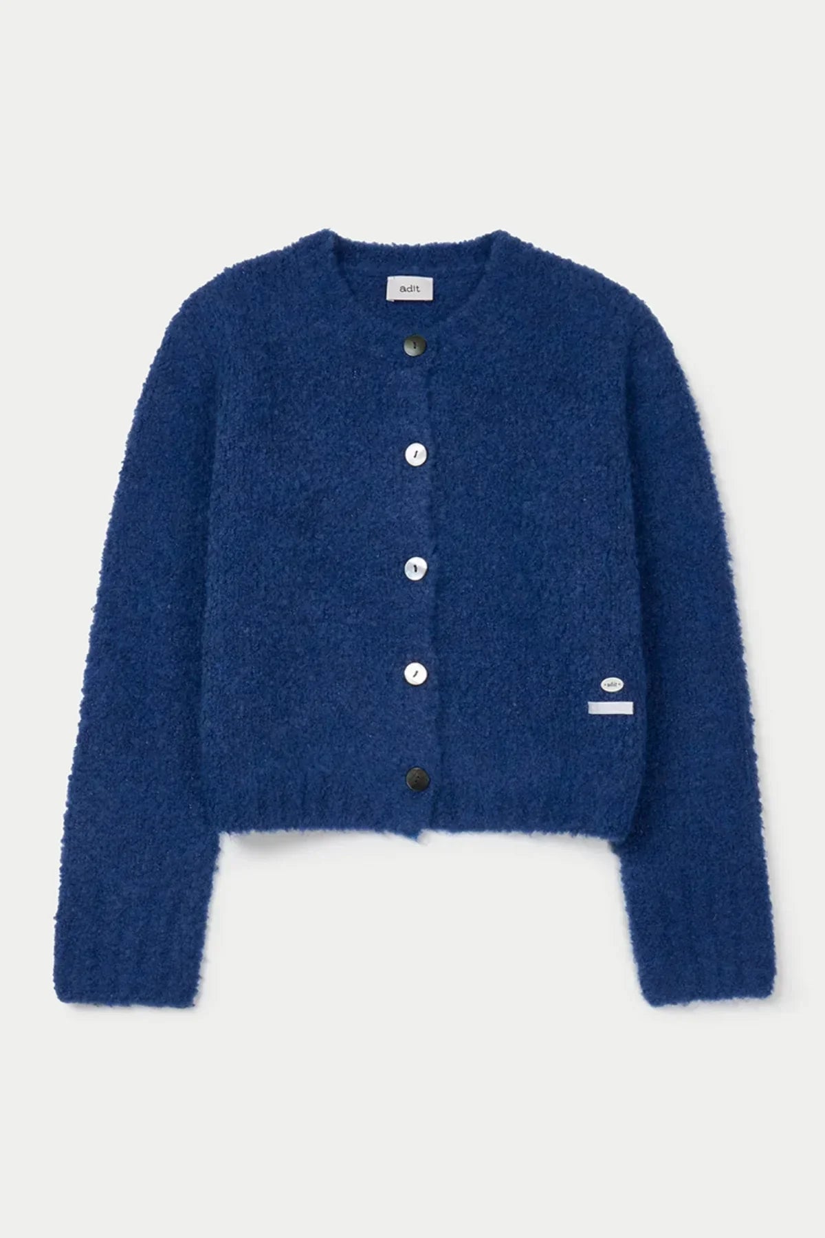 Dark blue fluffy grandma cardigan with round neckline and mixed color buttons front view