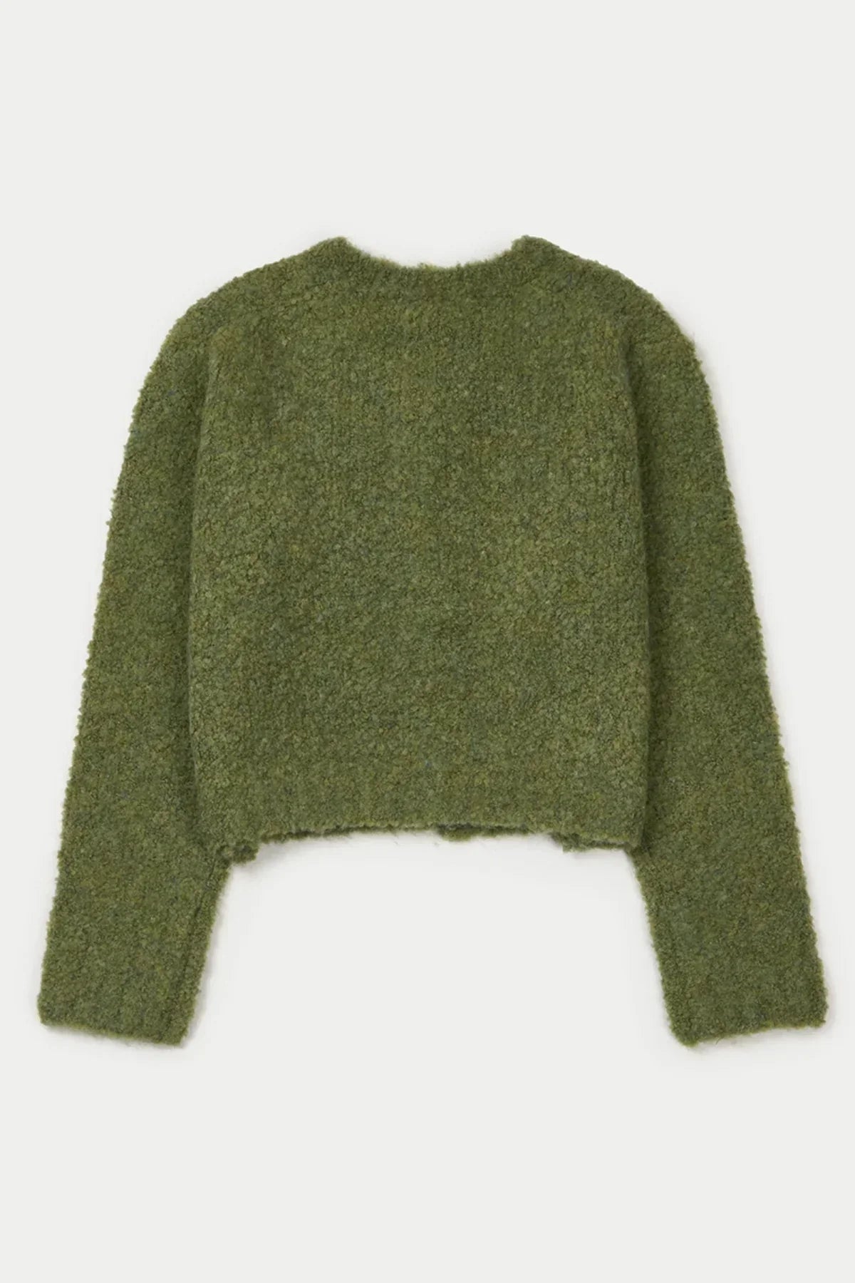 Back view of a green fuzzy textured cropped cardigan with long sleeves on white background