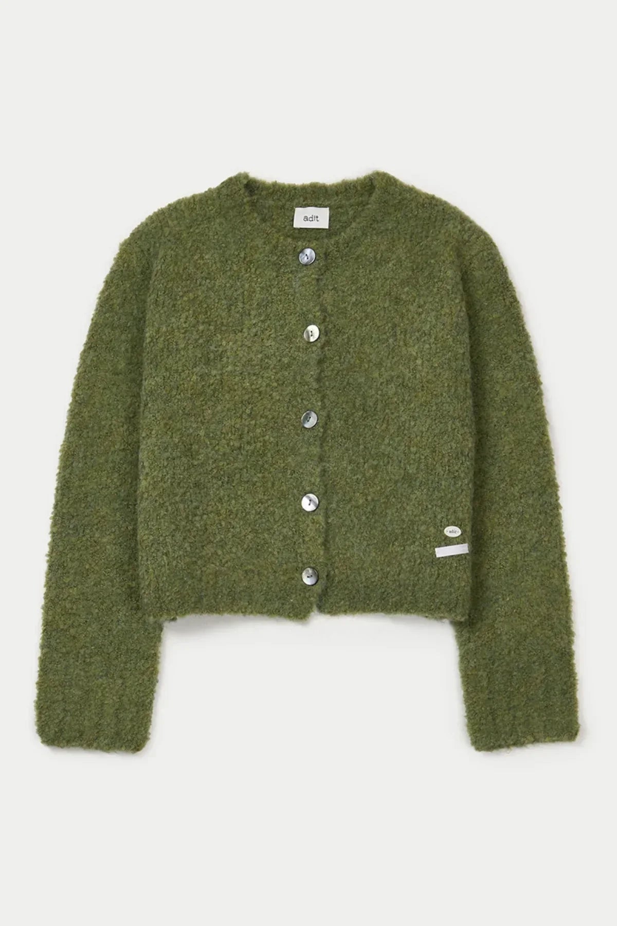 Green fuzzy grandma cardigan with buttons front view on white background