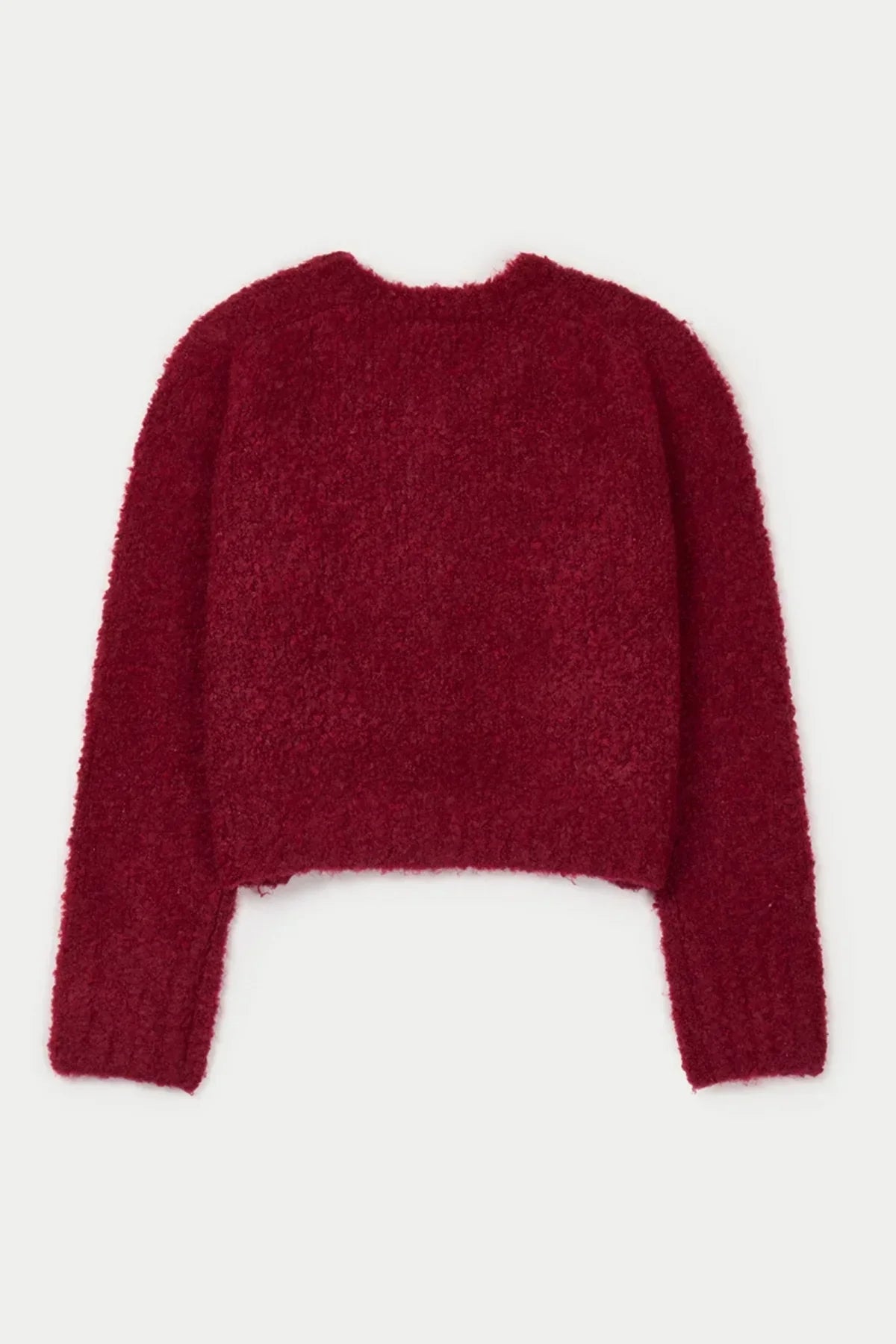 Back view of a soft, fuzzy wine-colored grandma cardigan with long sleeves on white background