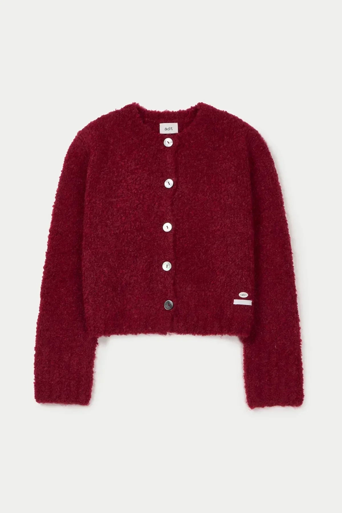 Wine red fluffy grandma cardigan with white buttons and long sleeves on white background