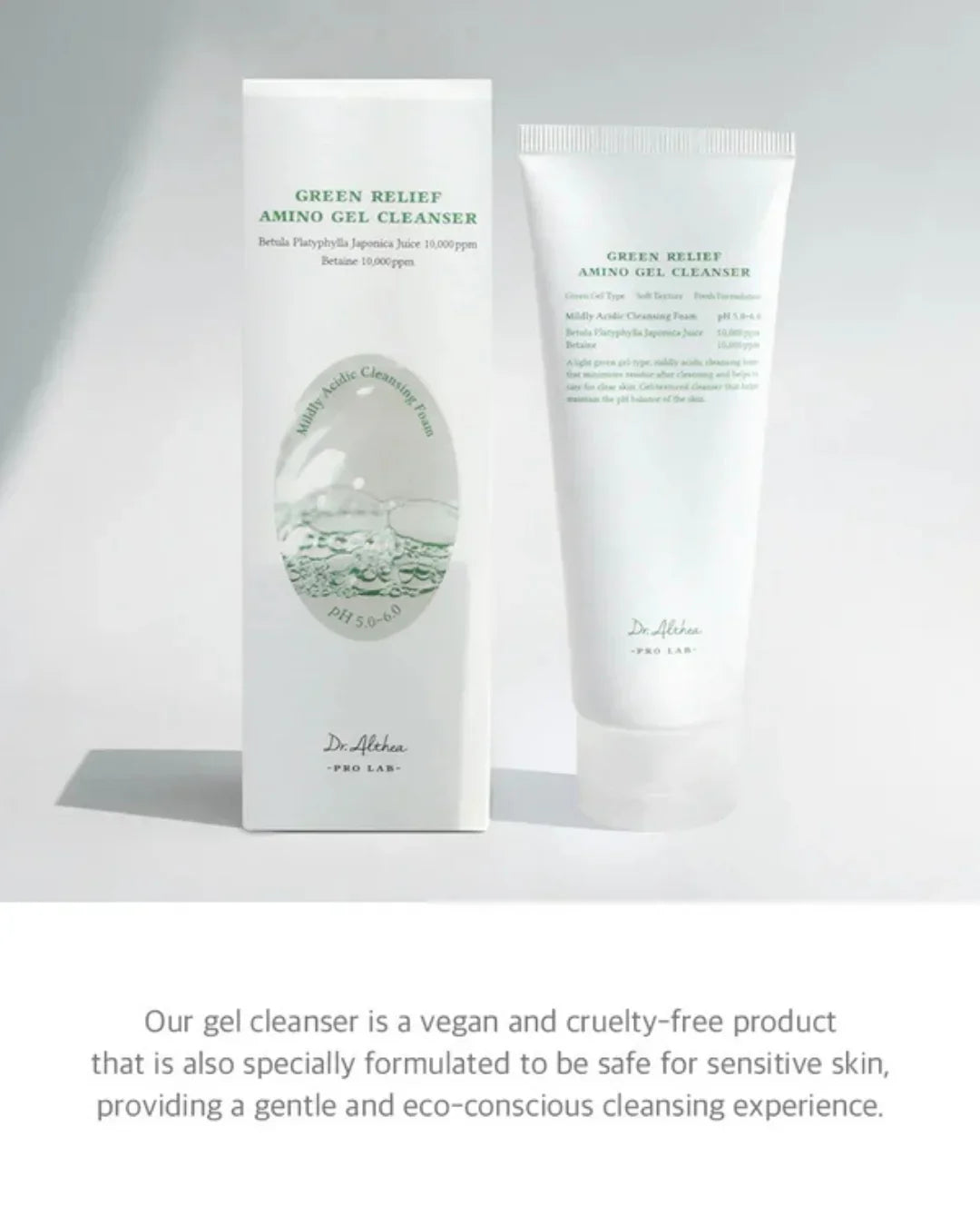 Green Relief Amino Gel Cleanser 100ml tube and box with mild acid cleansing foam, vegan skincare