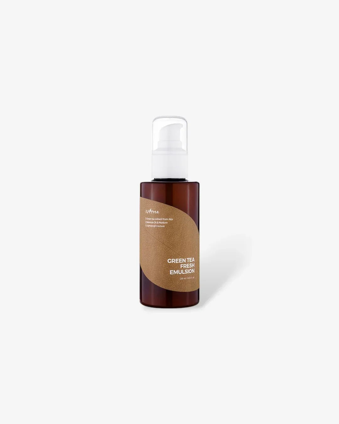 Brown bottle of Isntree Green Tea Fresh Emulsion with white pump on white background