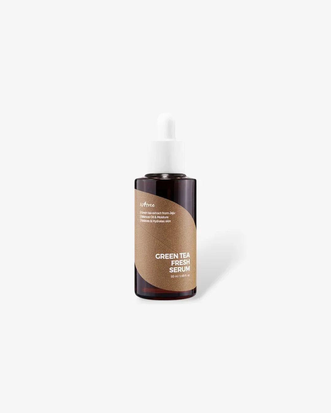brown glass dropper bottle of green tea fresh serum with white label on white background
