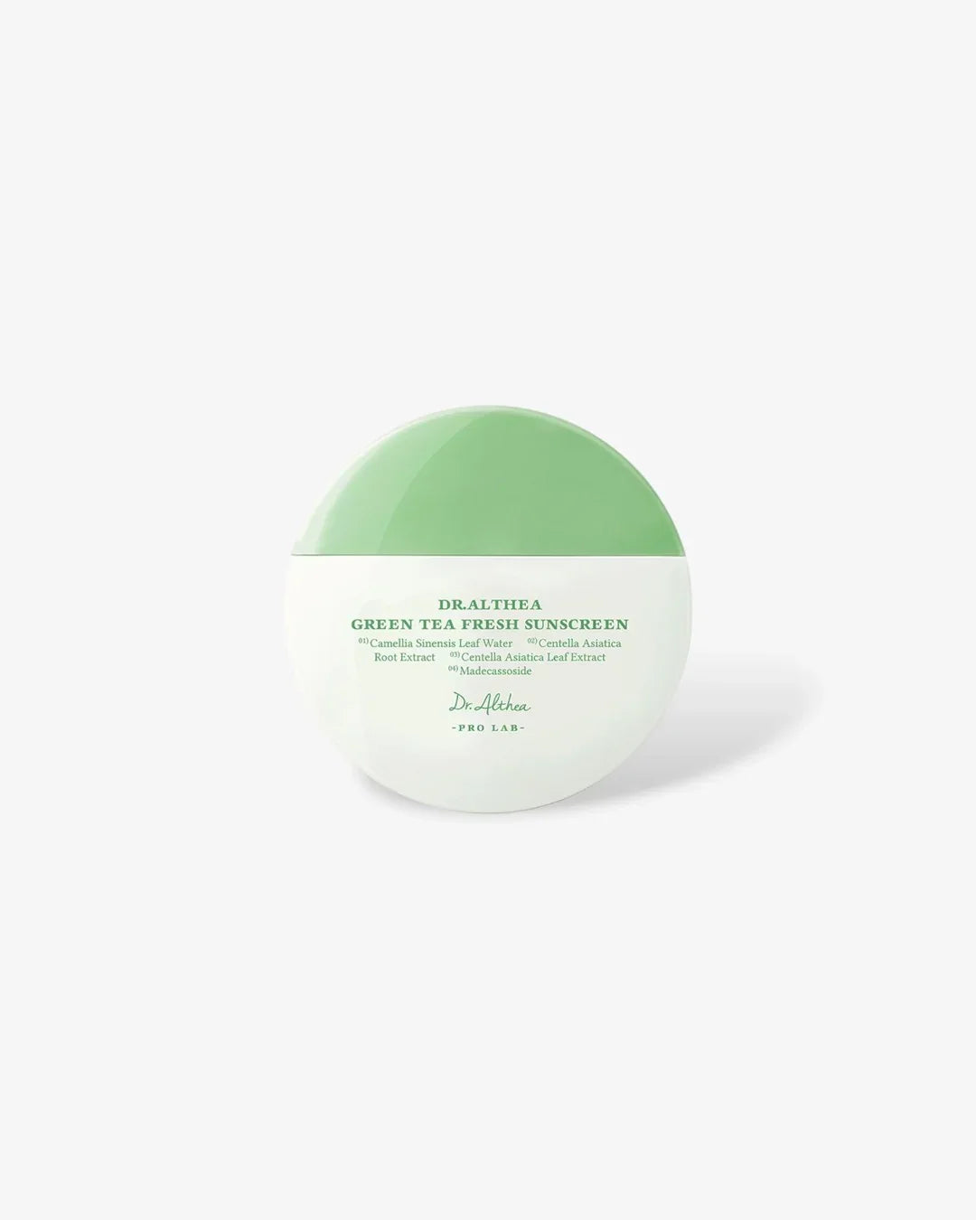 Dr. Althea Green Tea Fresh Sunscreen in round white green container on white background