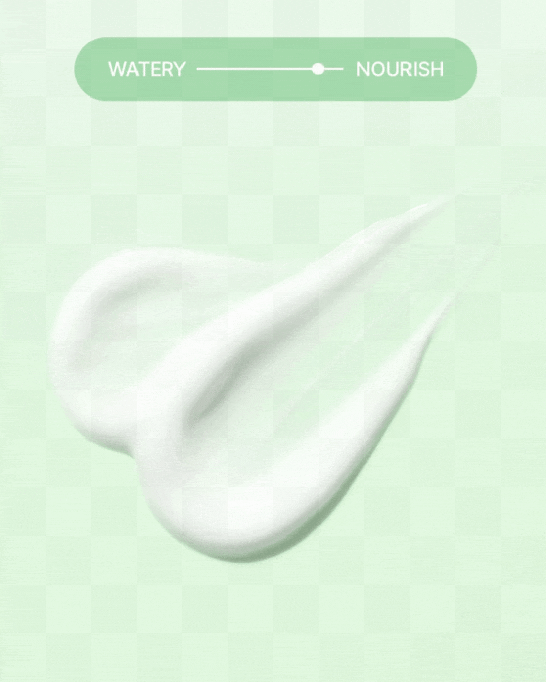 Green tea sunscreen cream texture on light green background with watery to nourish scale