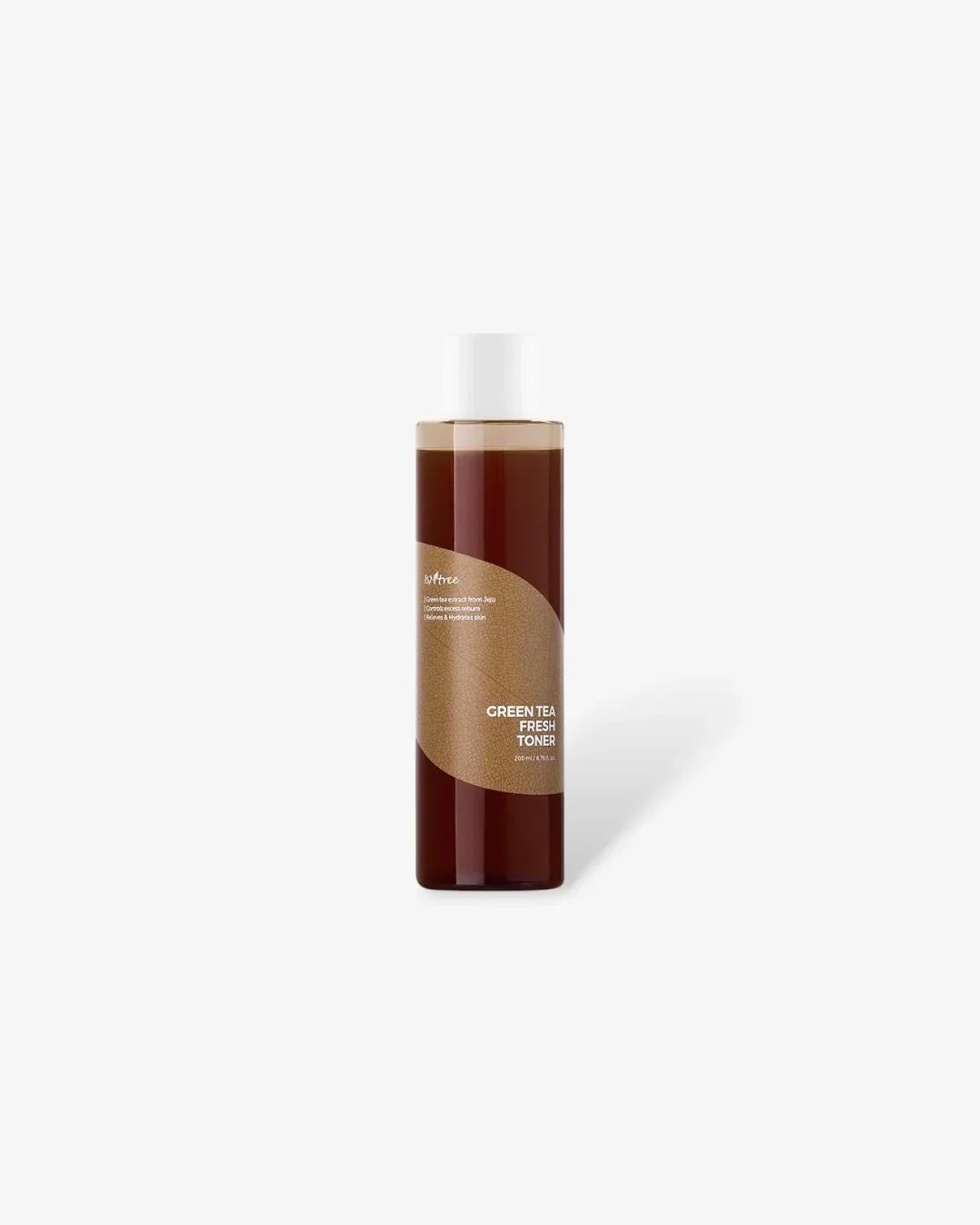 200ml bottle of Isntree Green Tea Fresh Toner with brown label and white cap on white background
