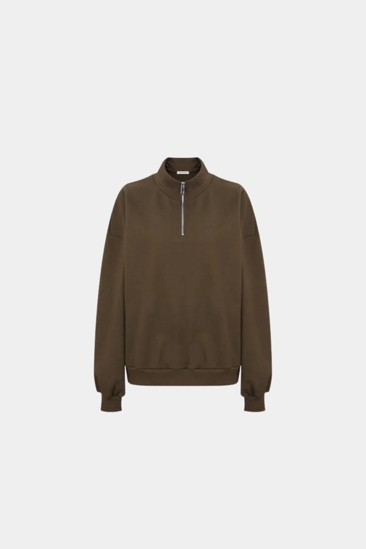 Brown half-zip sweatshirt with high collar and ribbed cuffs on white background